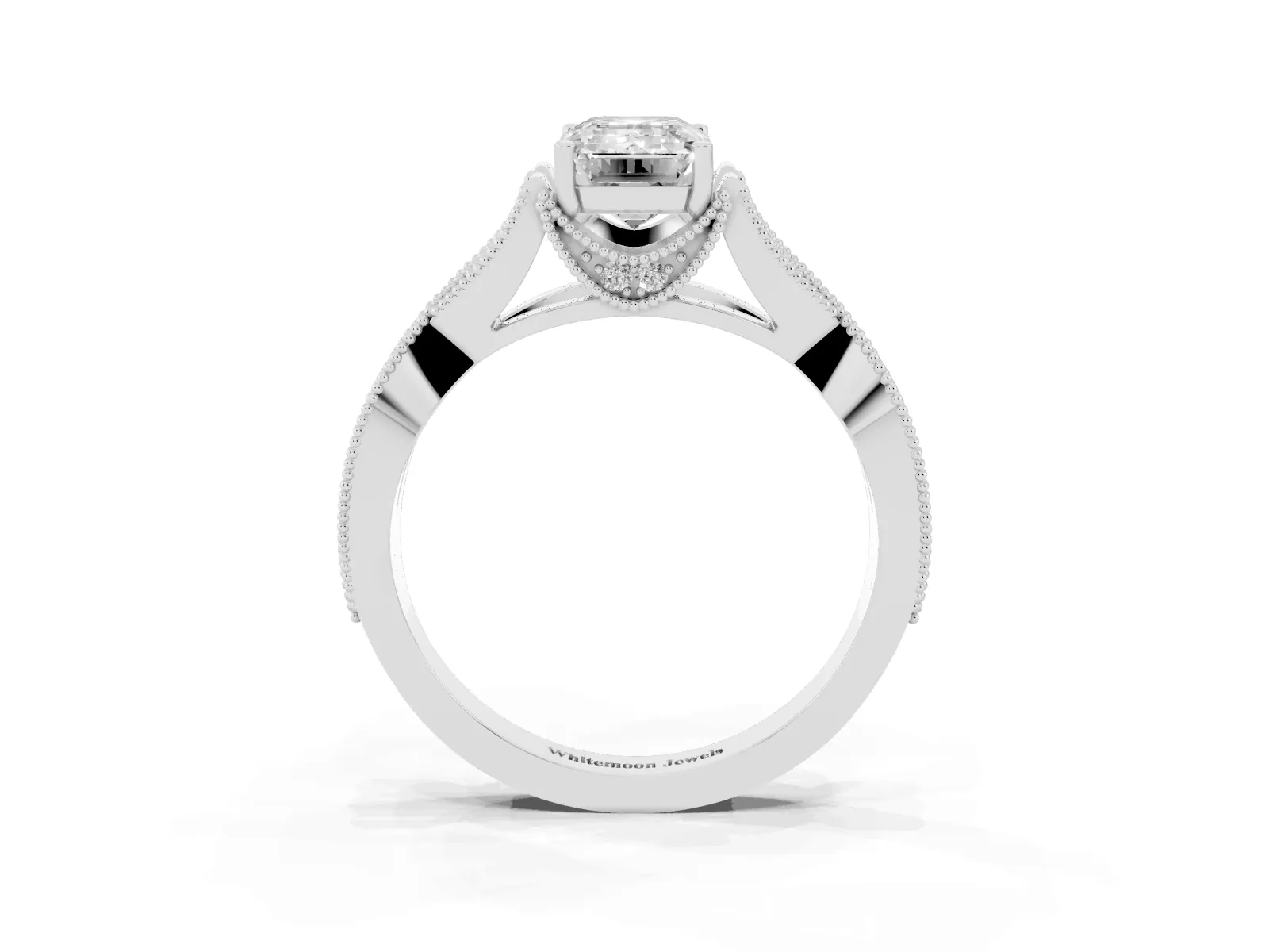 Emerald Cut Cut Diamond Twisted Band with Milgrain Pave Setting and Four-Prong Setting Platinum