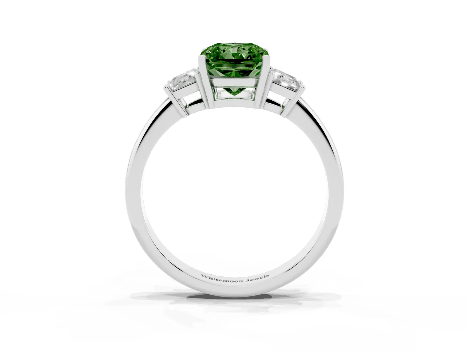 Fancy Green Radiant Cut Diamond Three-Stone Ring with Trapezoid Side Stones and Prong Setting Platinum