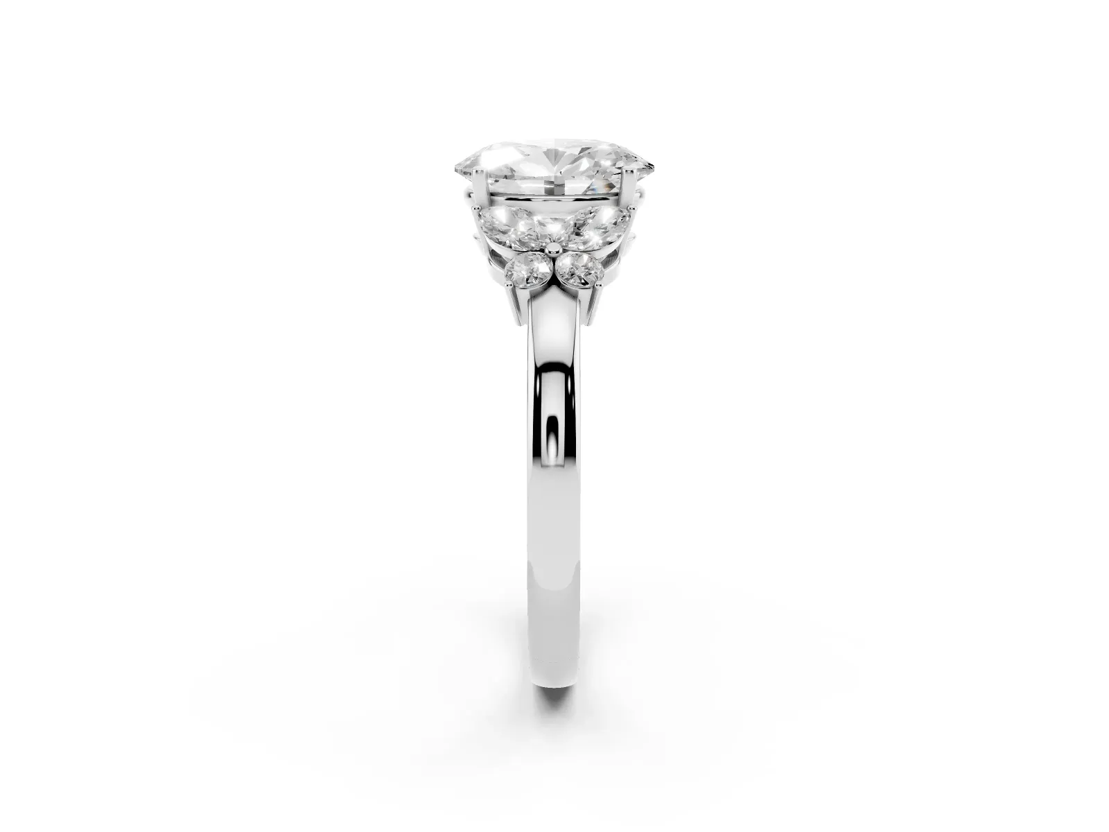 Oval Cut Cut Solitaire Floral Diamond Ring with Four-Prong Setting Platinum