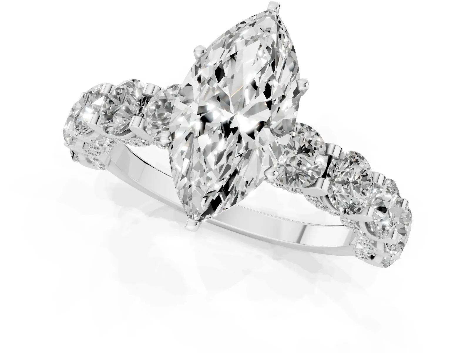 Marquise Cut Diamond Side Stone Engagement Ring with Four-Prong Setting Platinum