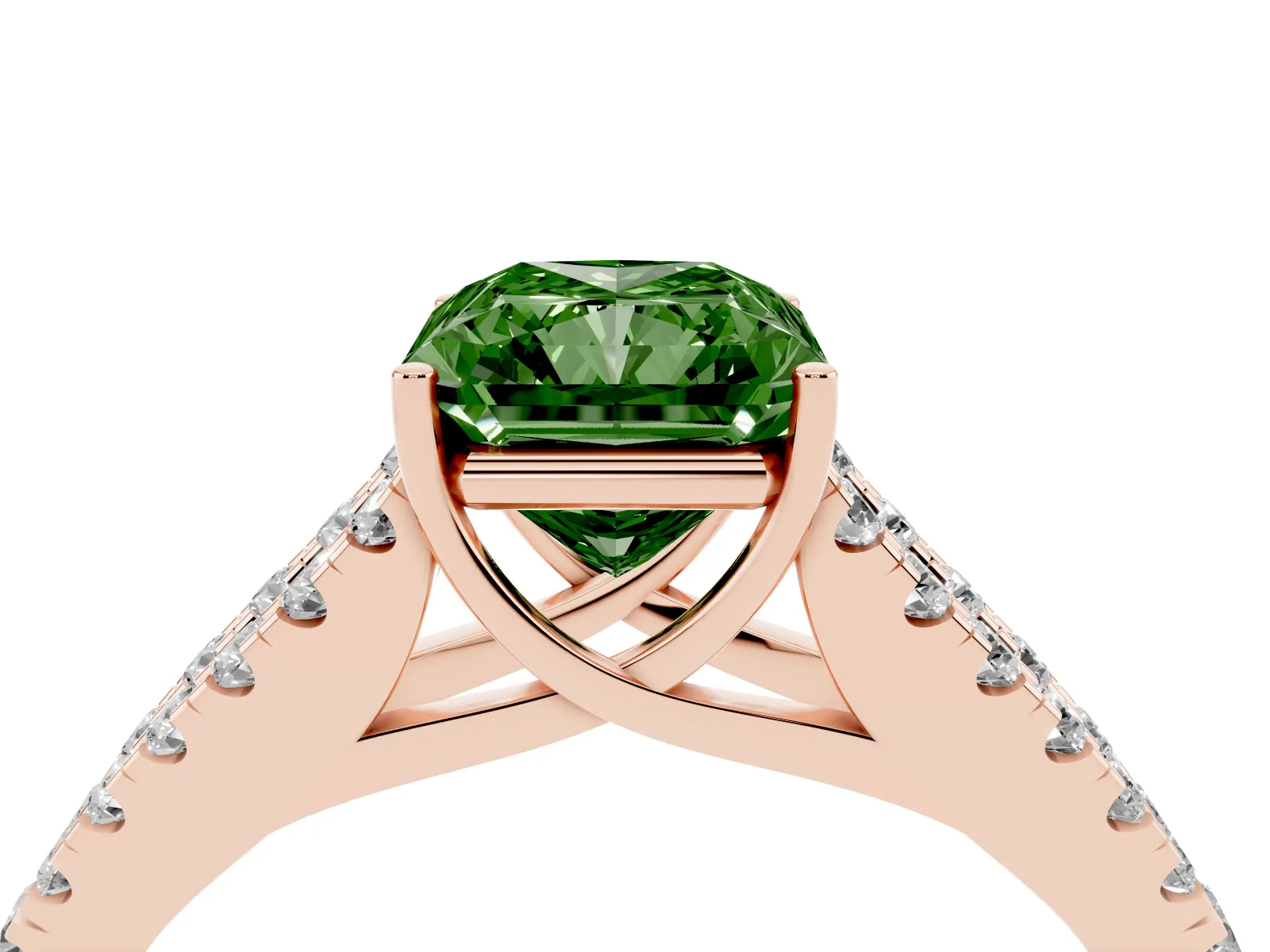 Fancy Green Radiant Cut Diamond Split Shank Engagement Ring with Round Pavé and Prong Setting Rose gold