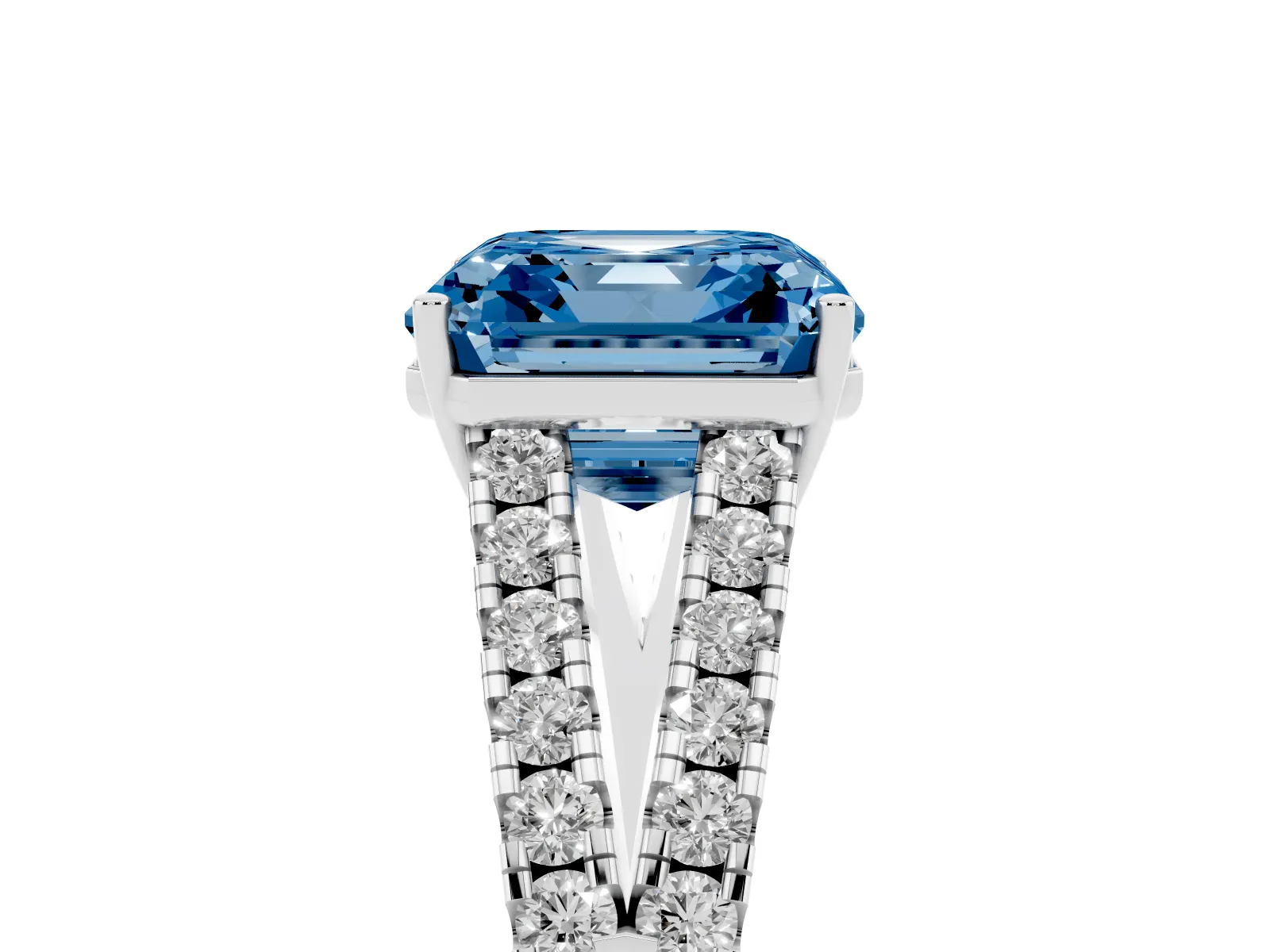 Fancy Blue Asscher Cut Diamond Split Shank Engagement Ring with Round Pavé and Prong Setting White gold
