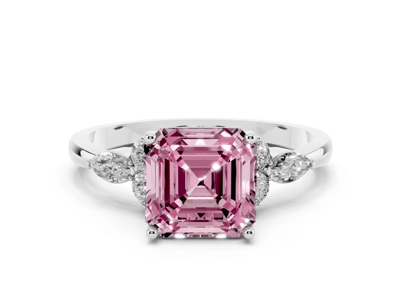 Fancy Pink Asscher Cut Brilliant Diamond Solitaire Ring with Pear Side Stones and Four-Prong Setting Platinum
