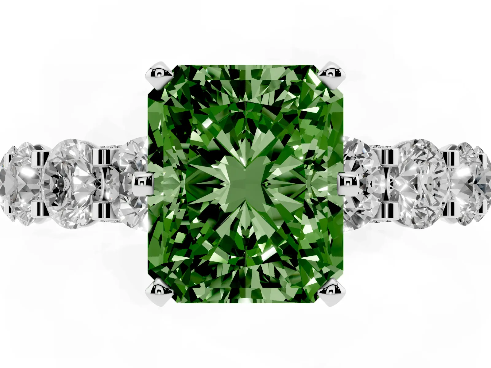 Fancy Green Radiant Cut Diamond Side Stone Engagement Ring with Four-Prong Setting Platinum