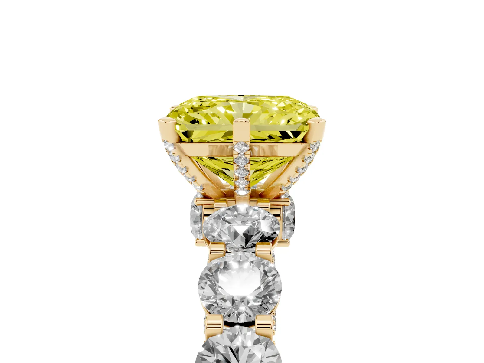 Fancy Yellow Radiant Cut Diamond Side Stone Engagement Ring with Four-Prong Setting Yellow gold
