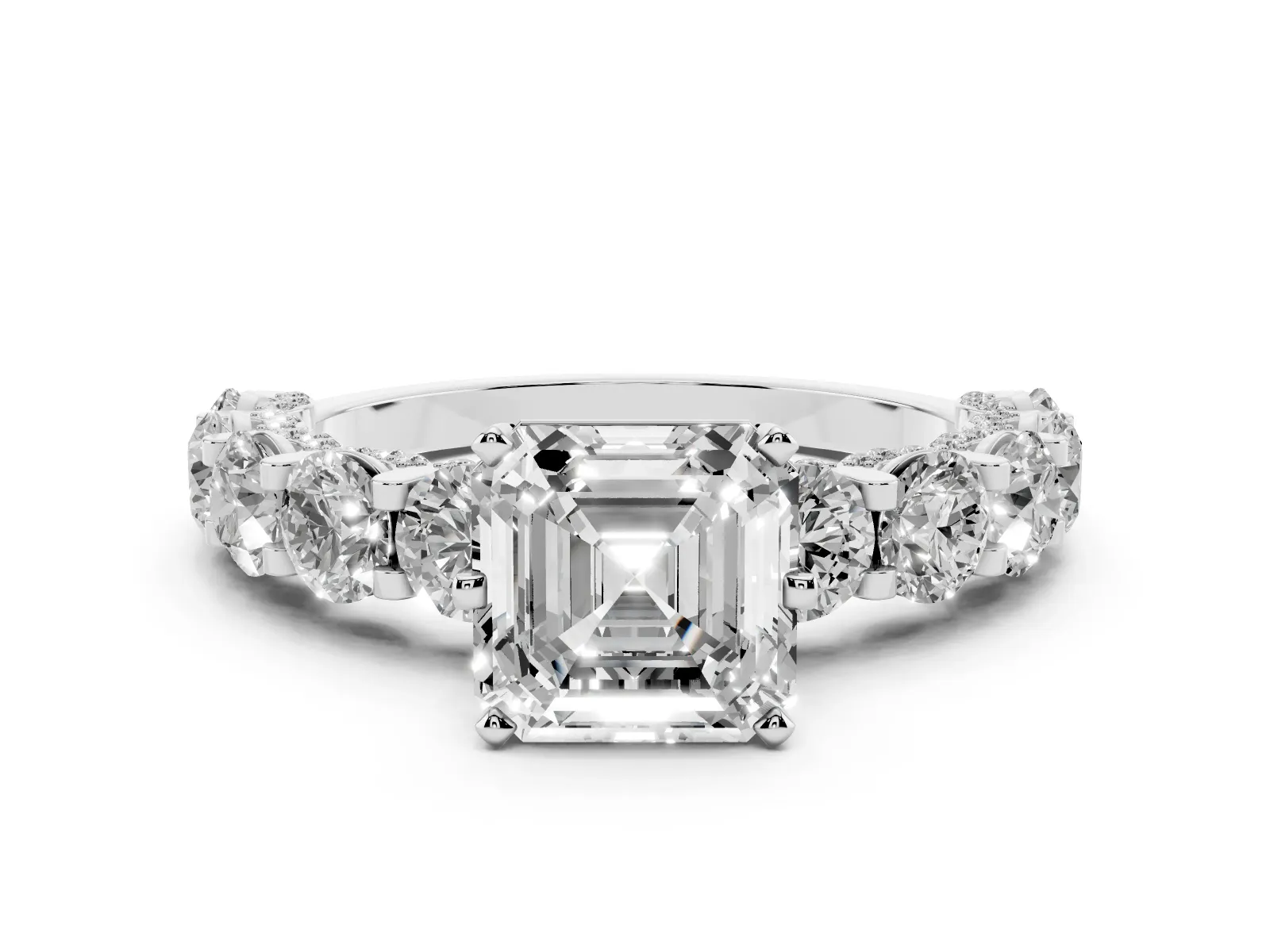 Asscher Cut Diamond Side Stone Engagement Ring with Four-Prong Setting Silver
