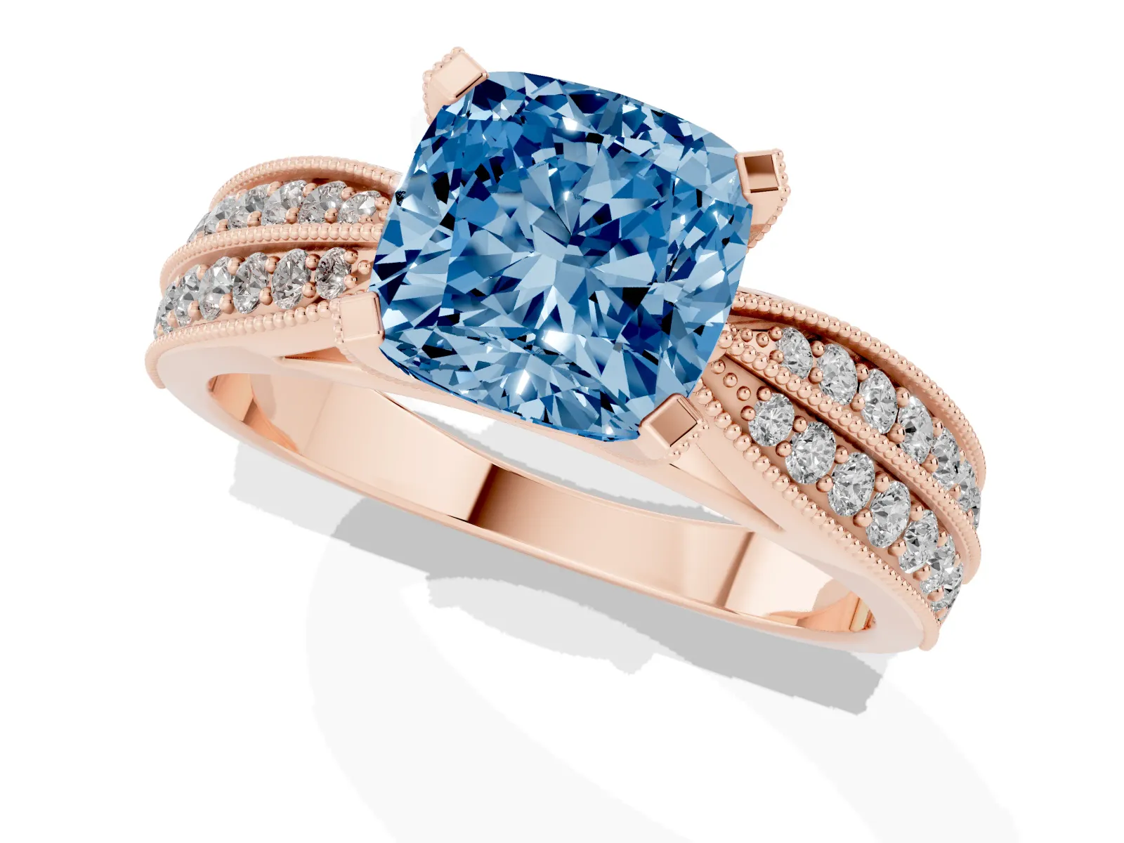 Fancy Blue Cushion Cut Diamond Solitaire Ring with Milgrain Round Pavé Band and Prong Setting Rose gold