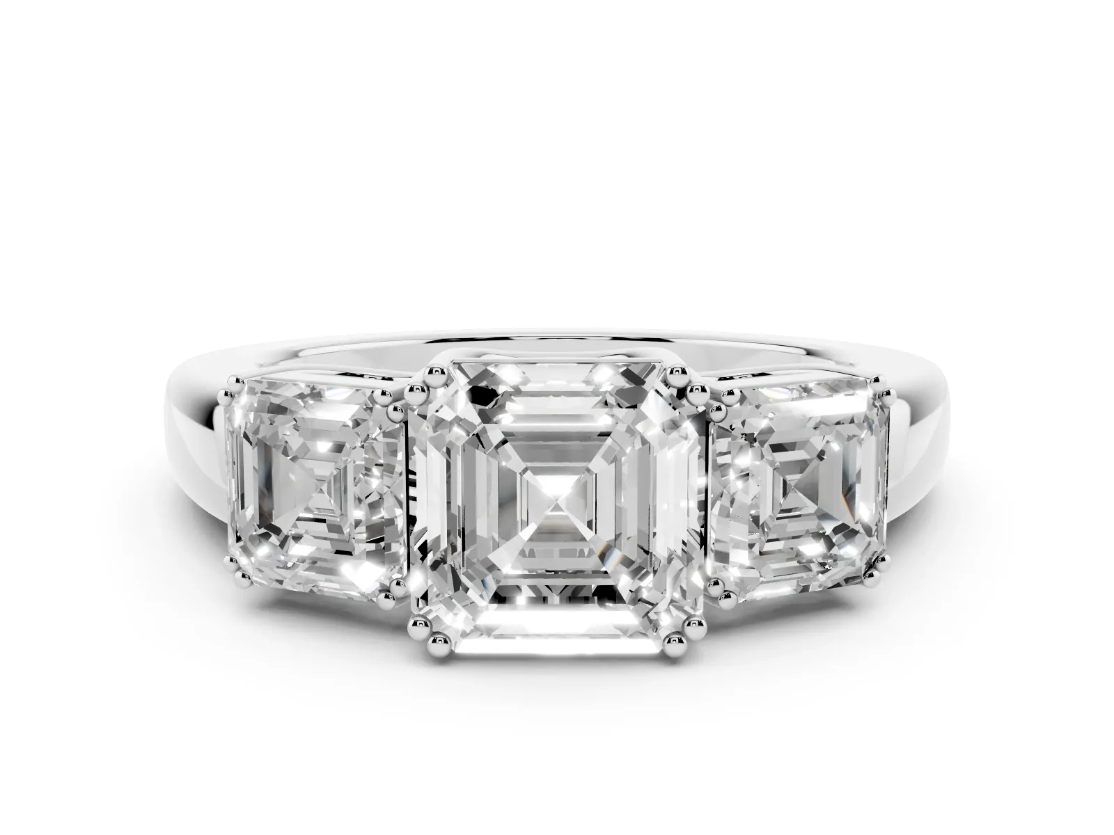 Three-Stone Asscher Cut Cut Diamond Ring with Channel Set Band and Four-Prong Setting White gold