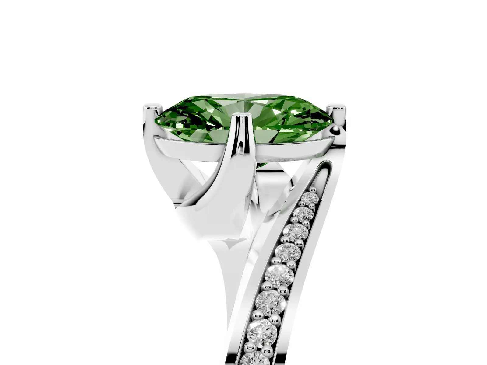 Fancy Green Oval Cut Solitaire Diamond Twist Band with Pavé Setting and Four-Prong Setting Platinum