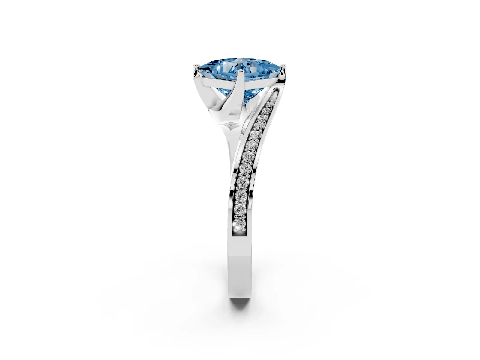 Fancy Blue Princess Cut Solitaire Diamond Twist Band with Pavé Setting and Four-Prong Setting Platinum