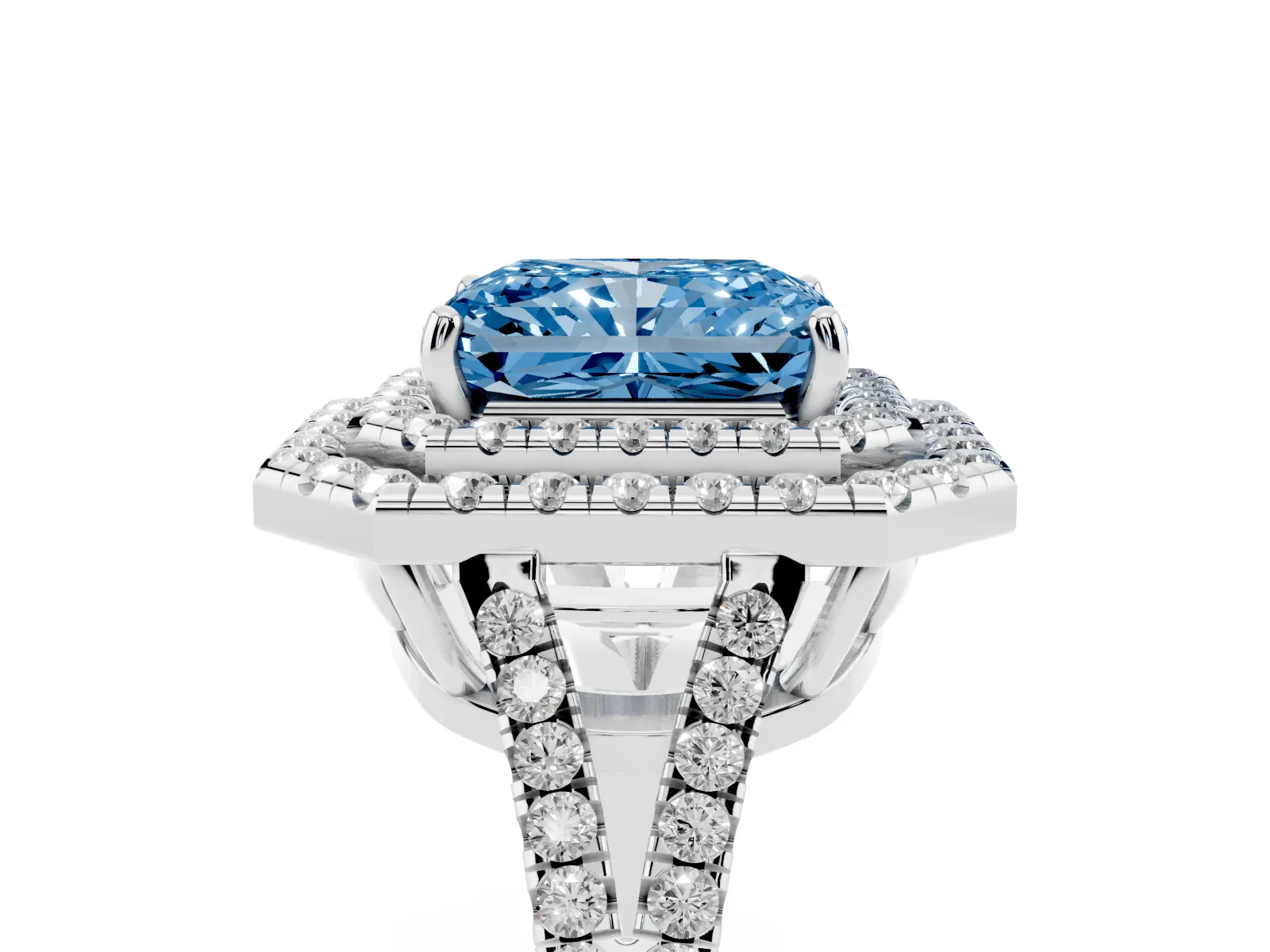 Fancy Blue Radiant Cut Diamond Double Halo Ring with Pavé Band and Prong Setting Platinum