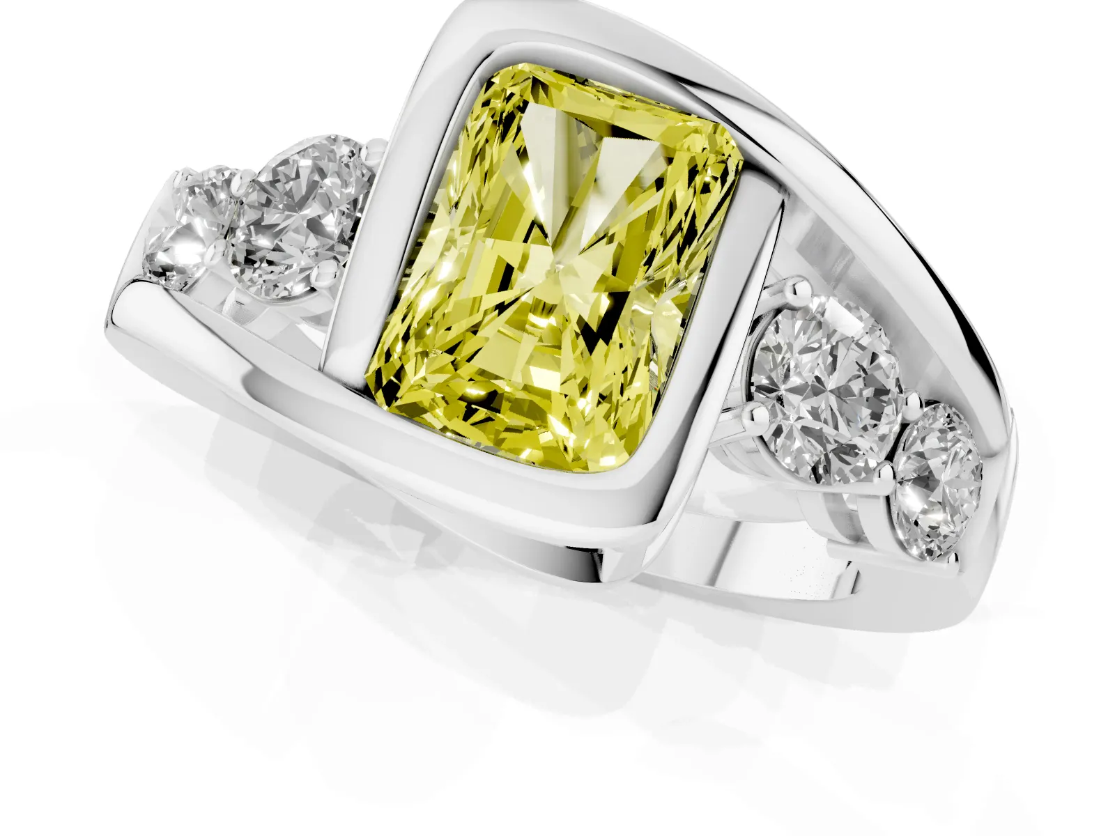 Fancy Yellow Bezel Set Radiant Cut Diamond Bypass Ring with Round Accents White gold