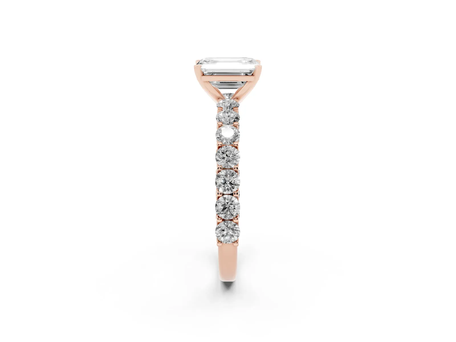 Emerald Cut Diamond Solitaire Ring with Shared Prong Pavé Band and Four-Prong Setting Rose gold
