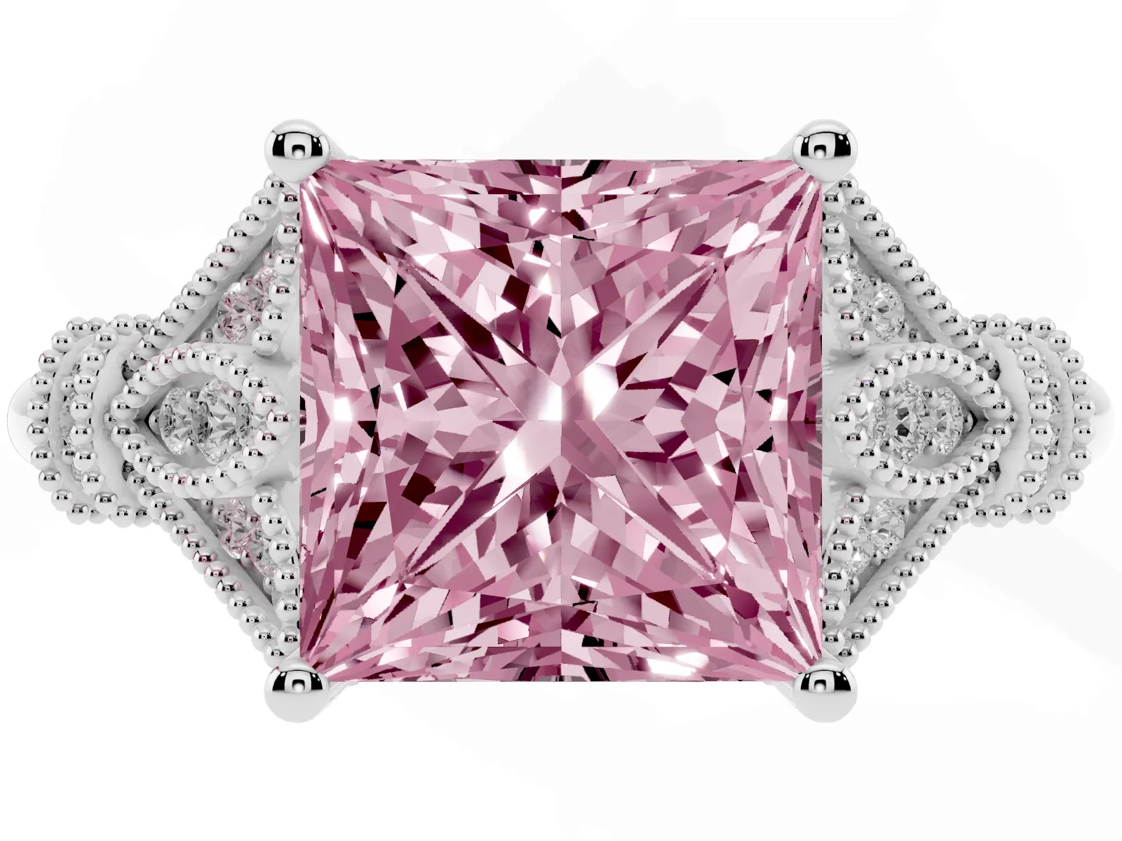 Fancy Pink Princess Cut Diamond Solitaire Ring with Floral Filigree and Pave Accents Platinum