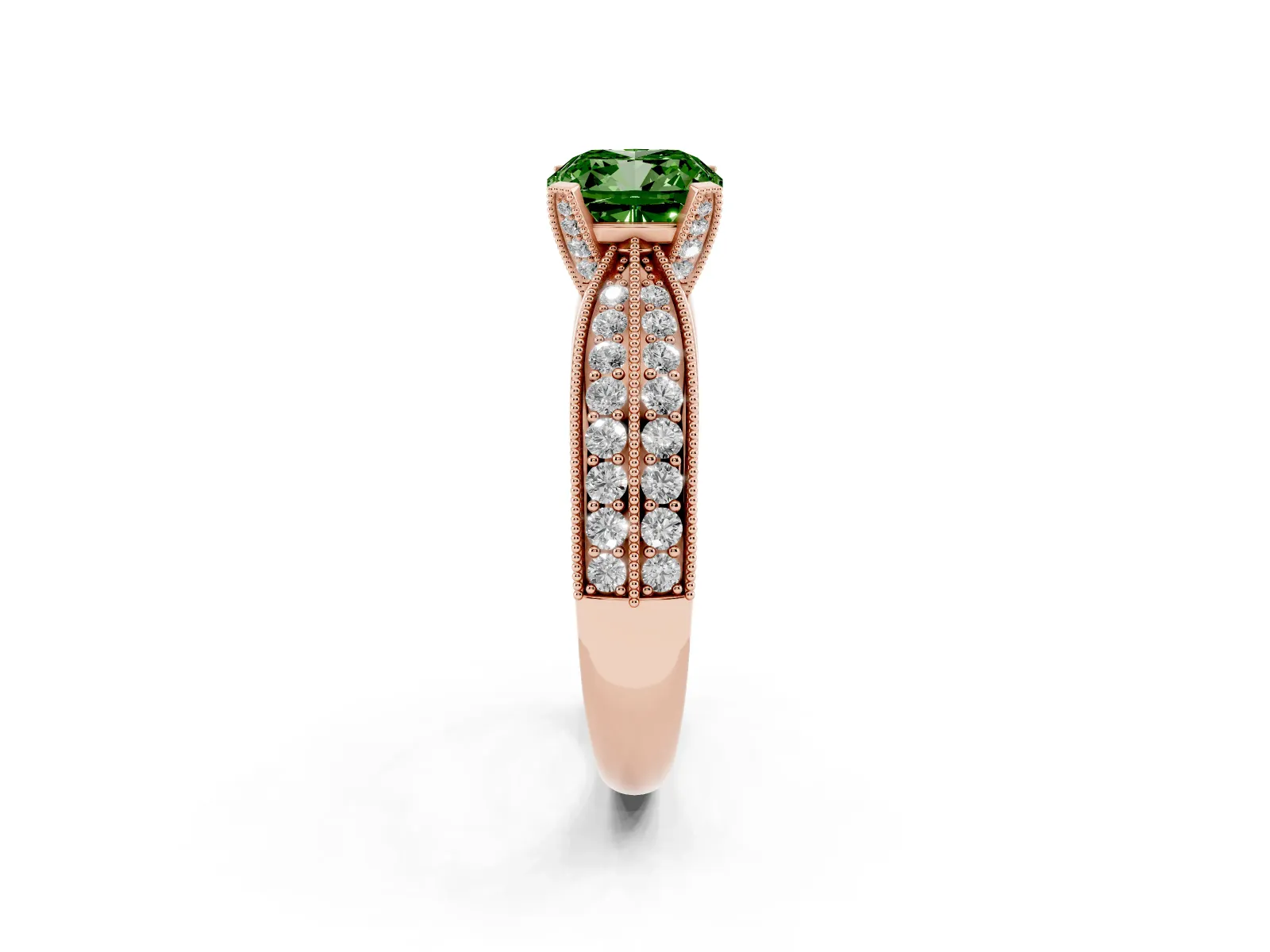 Fancy Green Cushion Cut Diamond Solitaire Ring with Milgrain Round Pavé Band and Prong Setting Rose gold