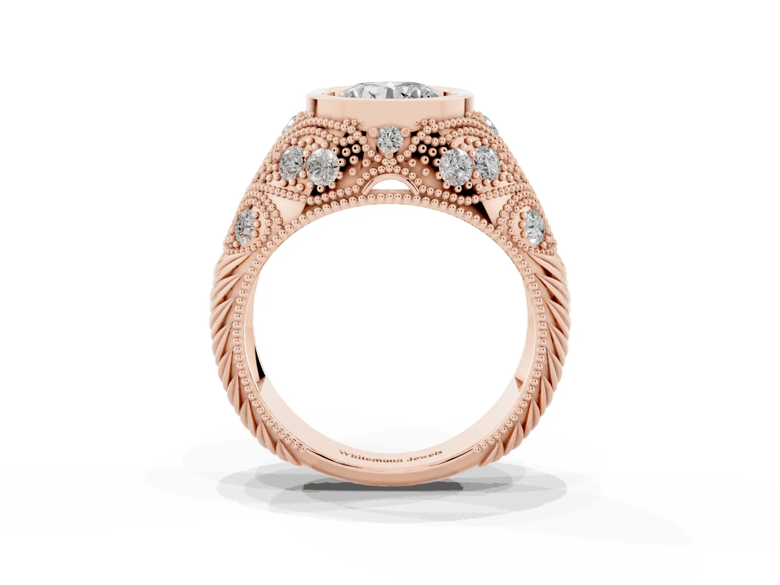Bezel Set Round Cut Diamond Milgrain Band Ring Rose gold