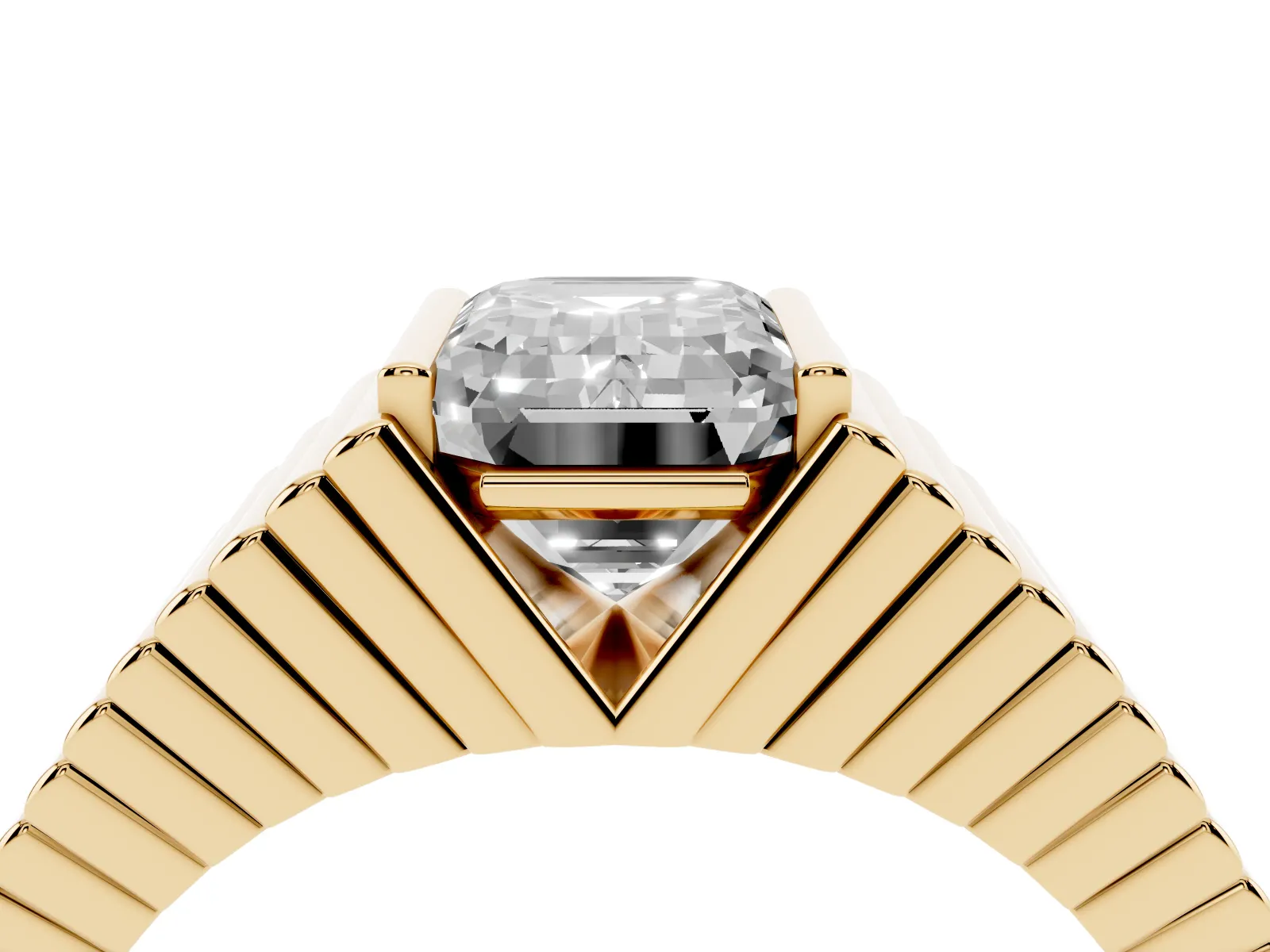 Emerald Cut Diamond Fluted Mens Ring Yellow gold