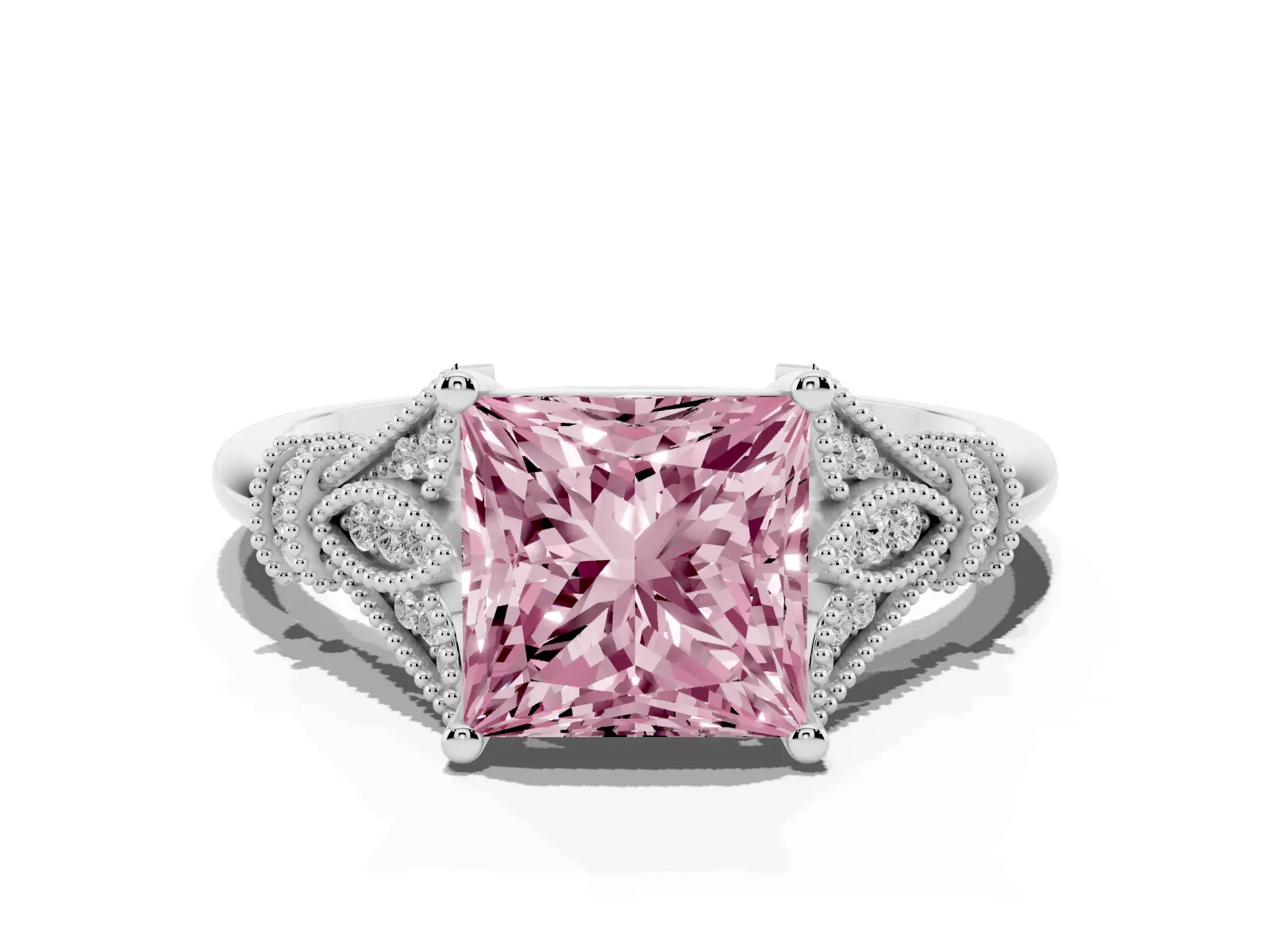 Fancy Pink Princess Cut Diamond Solitaire Ring with Floral Filigree and Pave Accents Platinum