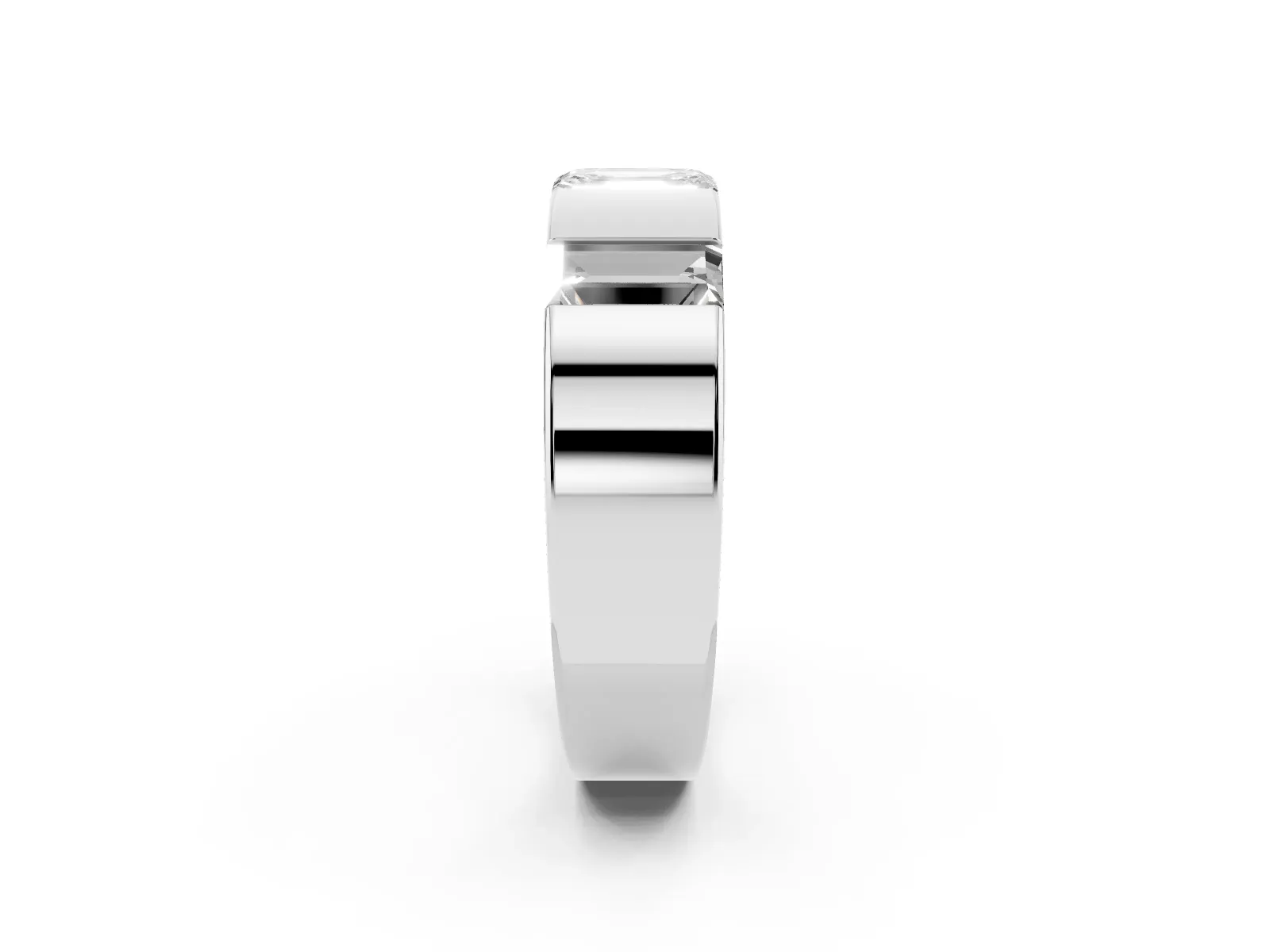 Emerald Cut Diamond Three-Stone Mens Ring with Baguette Side Stones White gold