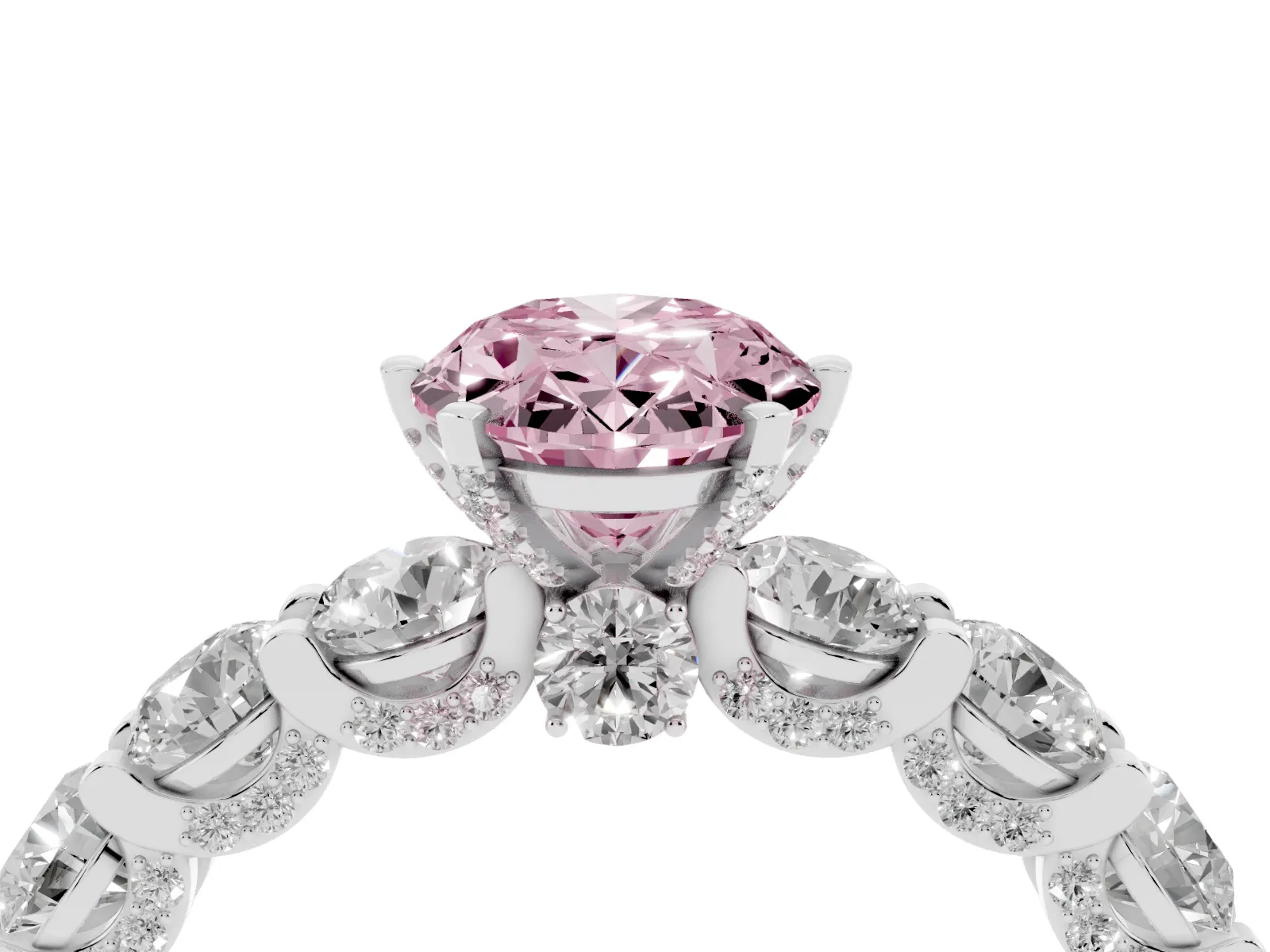 Fancy Pink Oval Cut Diamond Side Stone Engagement Ring with Four-Prong Setting Platinum