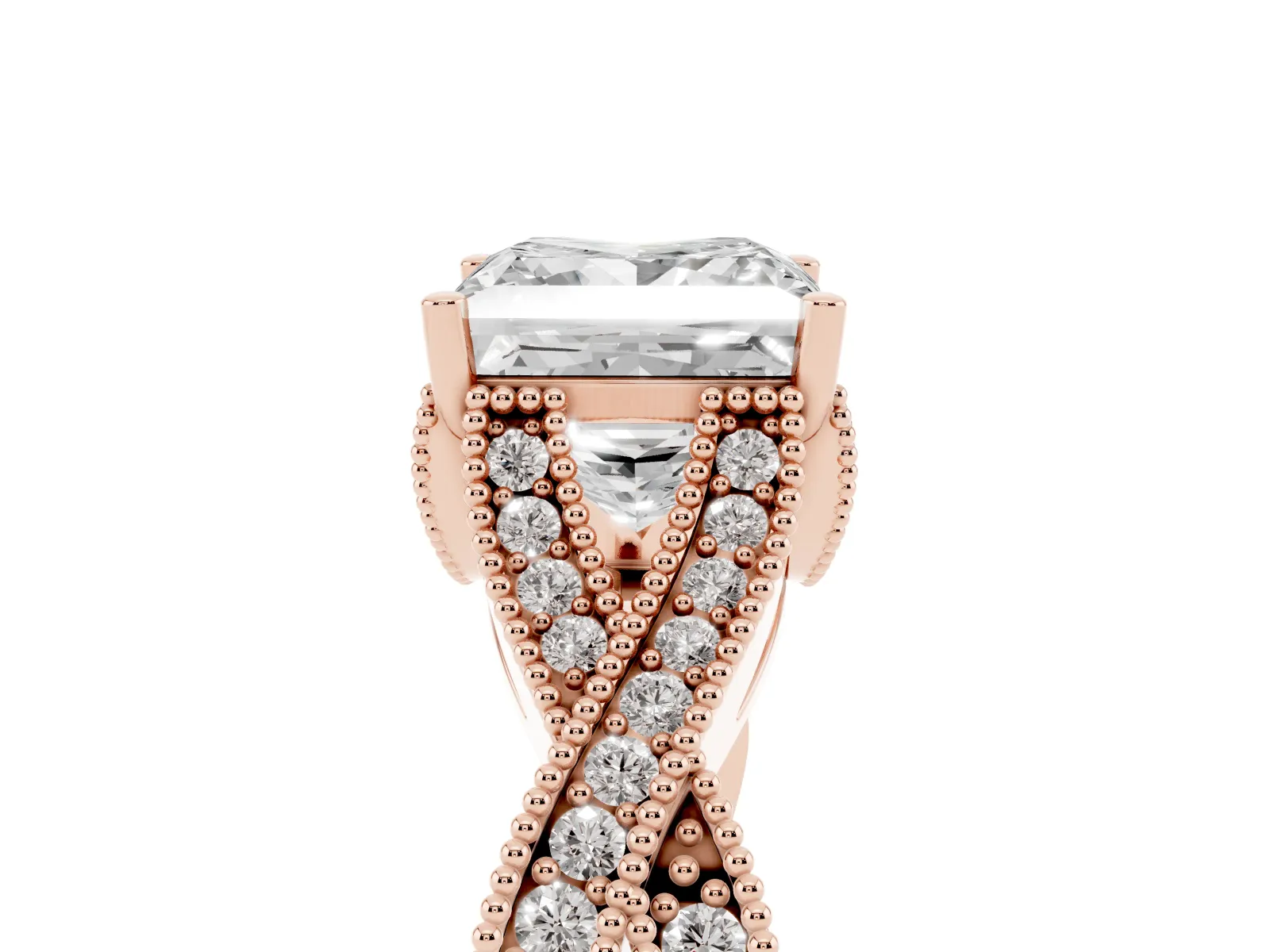 Princess Cut Cut Diamond Twisted Band with Milgrain Pave Setting and Four-Prong Setting Rose gold