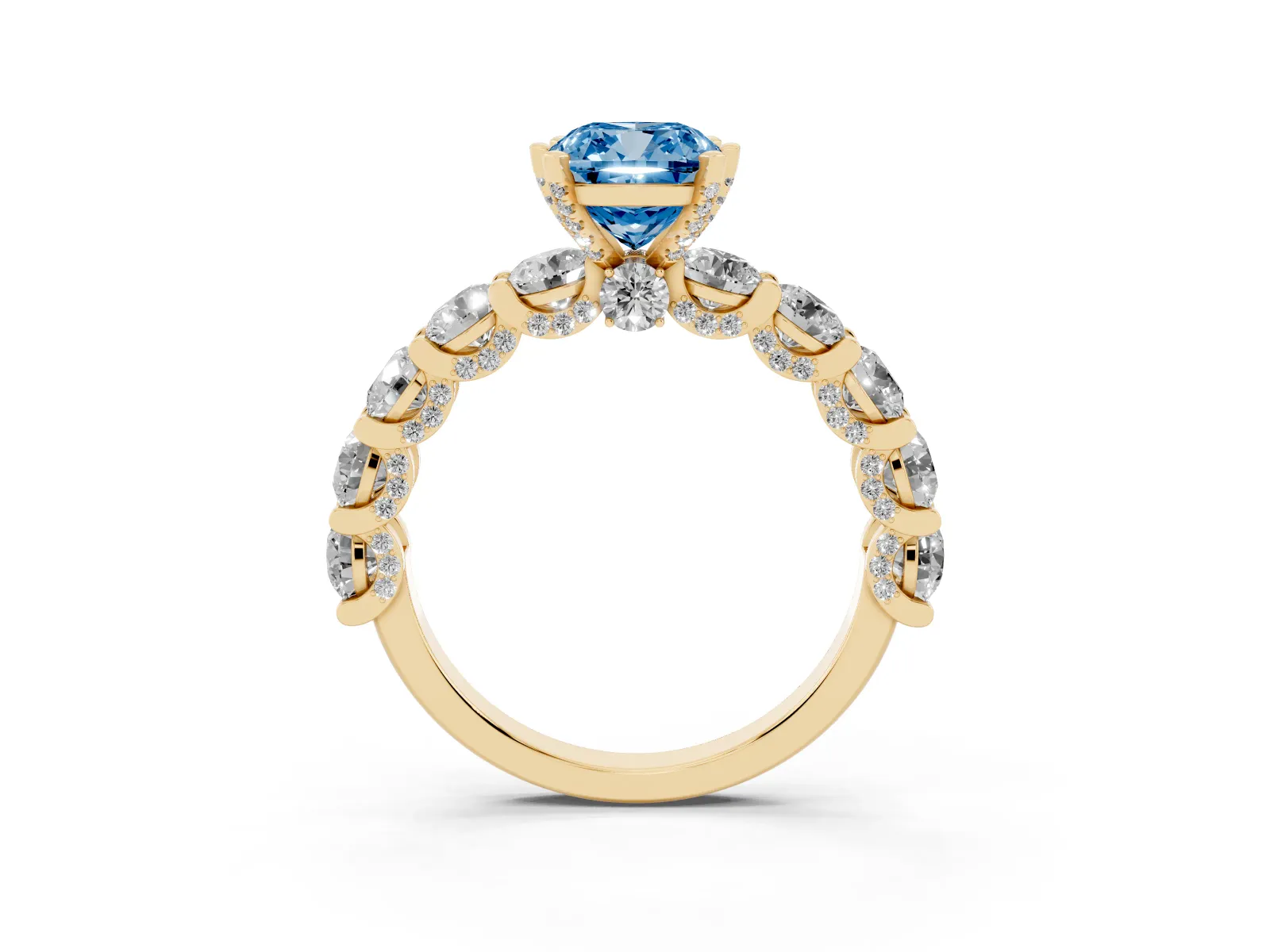 Fancy Blue Cushion Cut Diamond Side Stone Engagement Ring with Four-Prong Setting Yellow gold