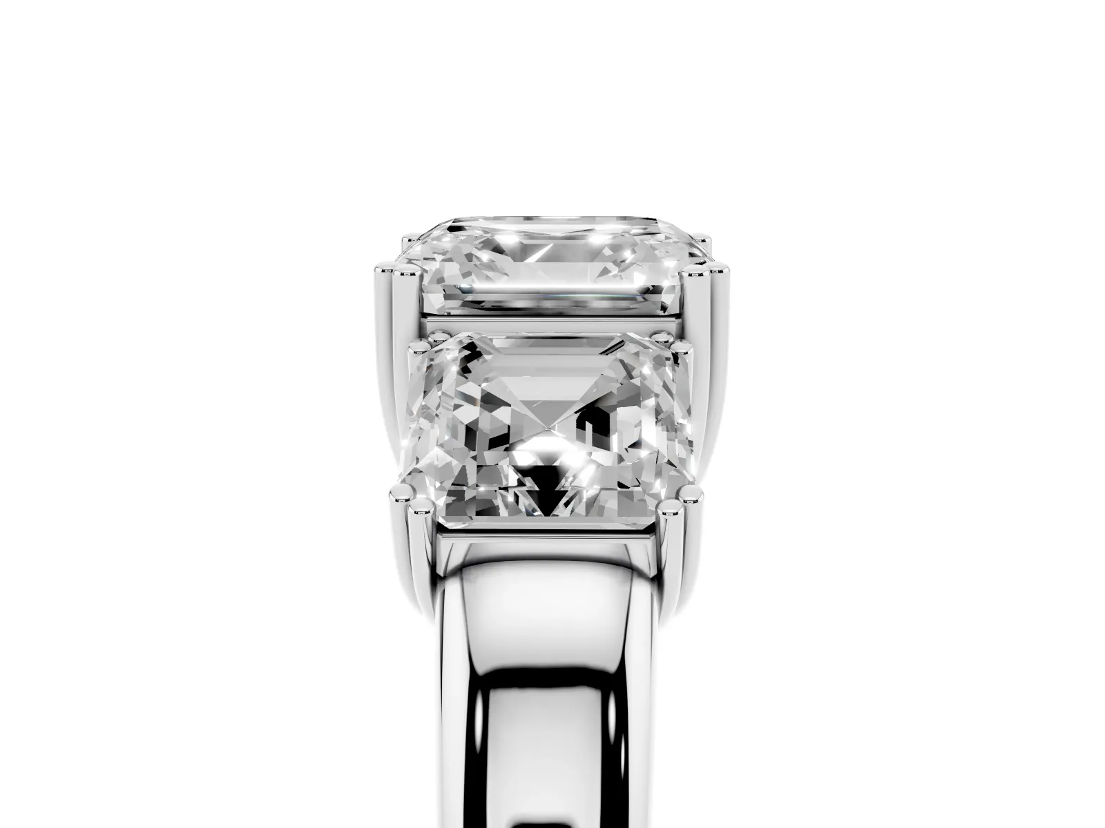 Three-Stone Asscher Cut Cut Diamond Ring with Channel Set Band and Four-Prong Setting White gold