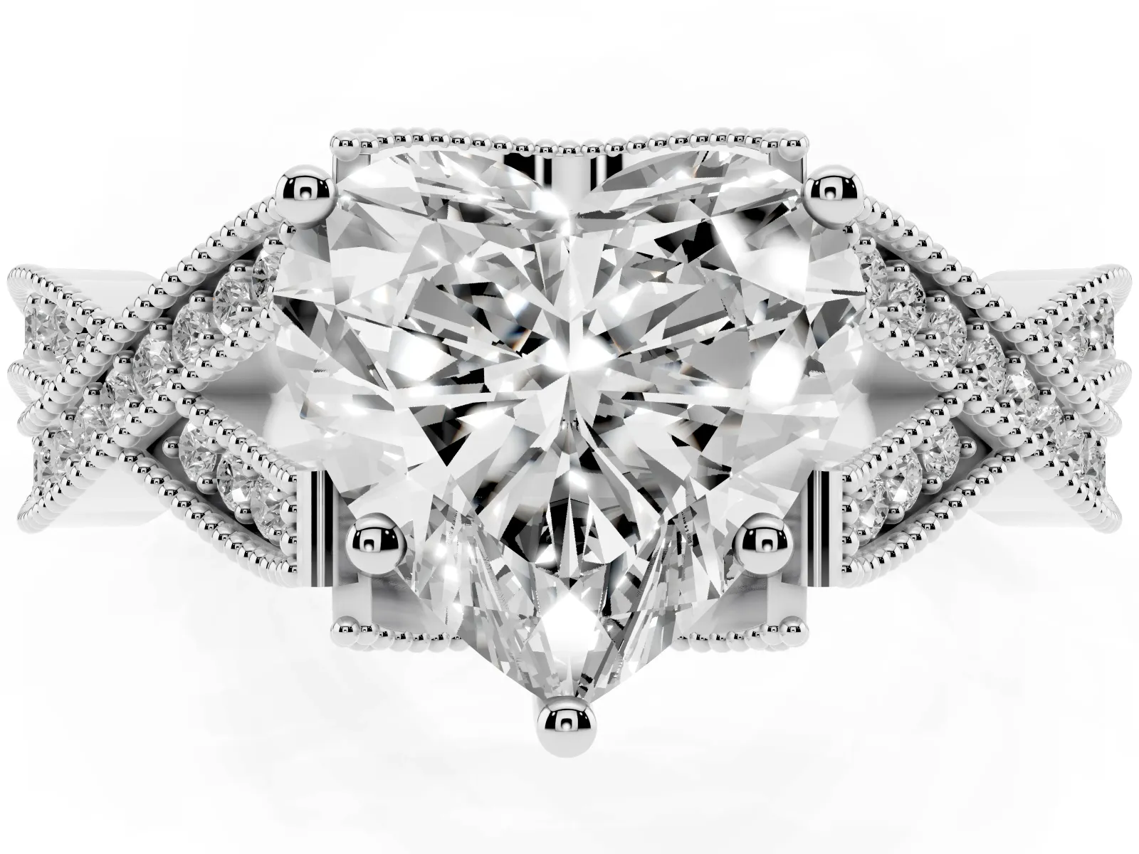Heart Cut Cut Diamond Twisted Band with Milgrain Pave Setting and Four-Prong Setting Platinum