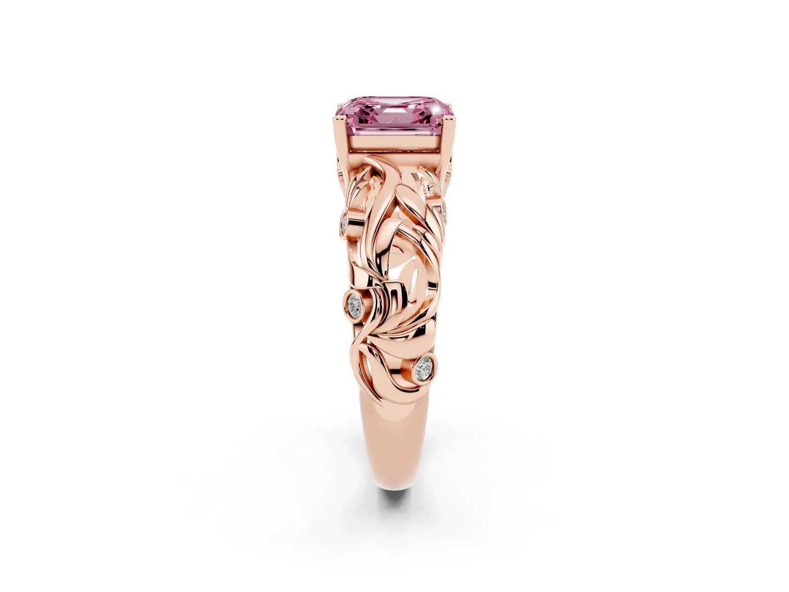 Fancy Pink Asscher Cut Solitaire Diamond Leaf-Inspired Vine Band Ring with Prong Setting Rose gold