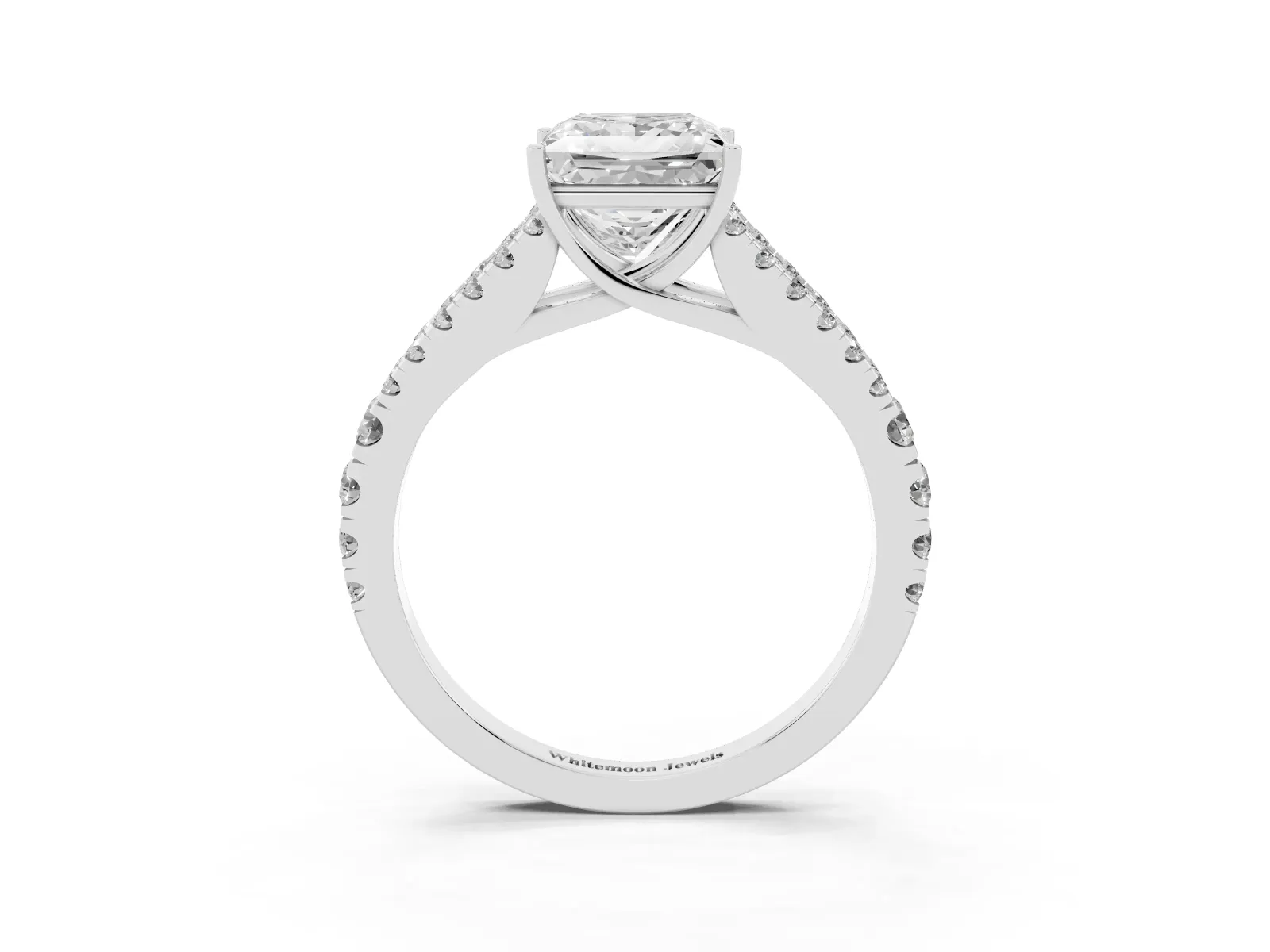 Princess Cut Diamond Split Shank Engagement Ring with Round Pavé and Prong Setting White gold