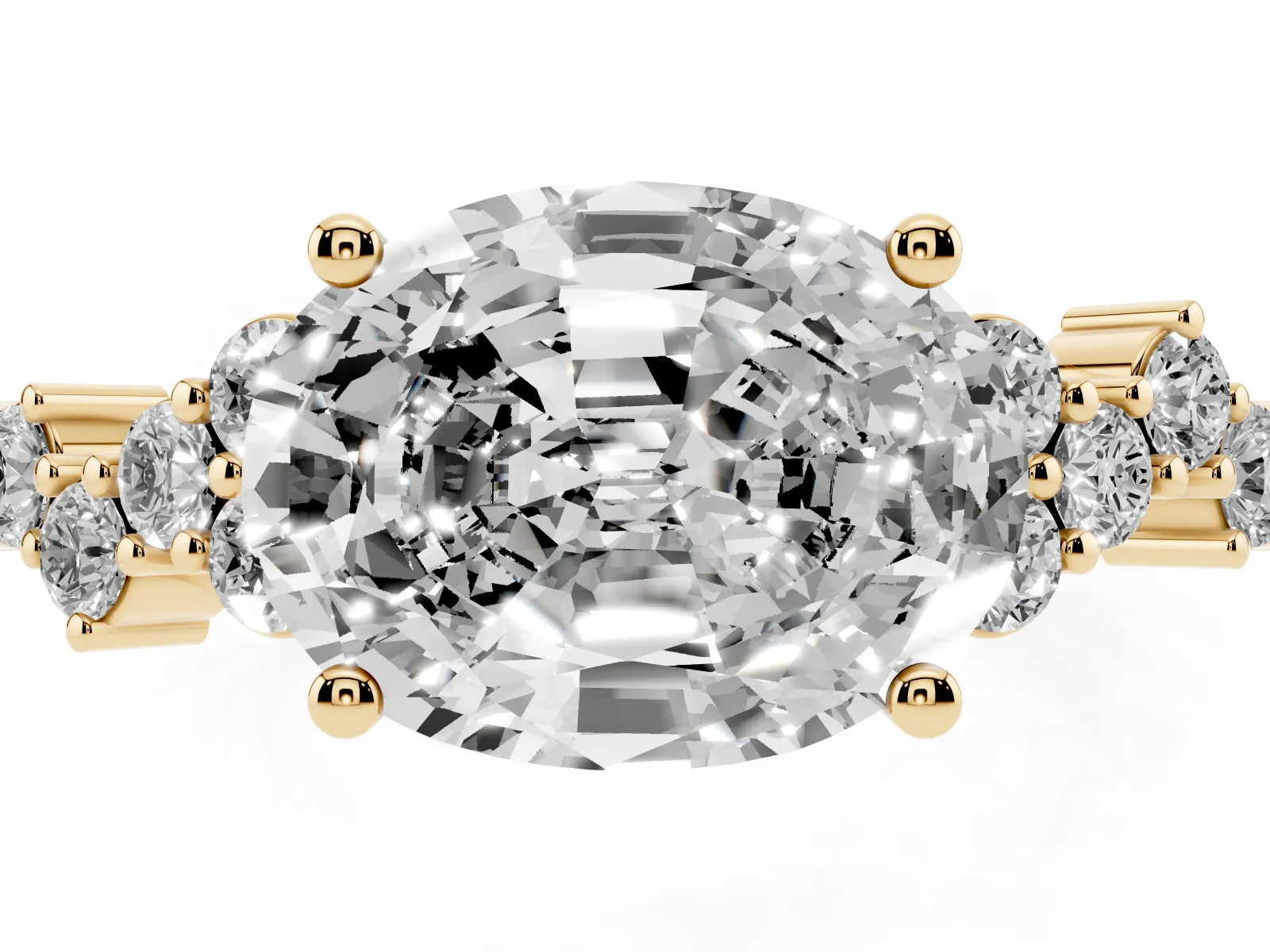 Oval Cut Diamond Scattered Round Accent Ring with Prong Setting Yellow gold