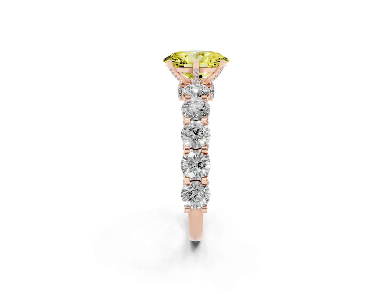 Fancy Yellow Oval Cut Diamond Side Stone Engagement Ring with Four-Prong Setting Rose gold
