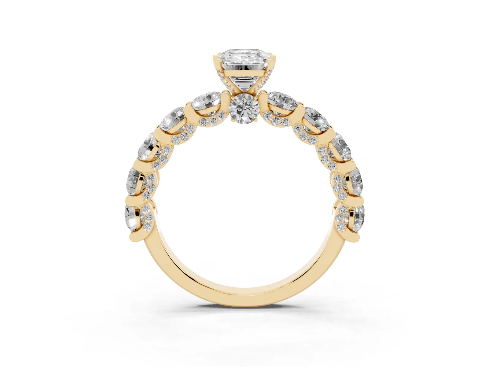 Emerald Cut Diamond Side Stone Engagement Ring with Four-Prong Setting Yellow gold