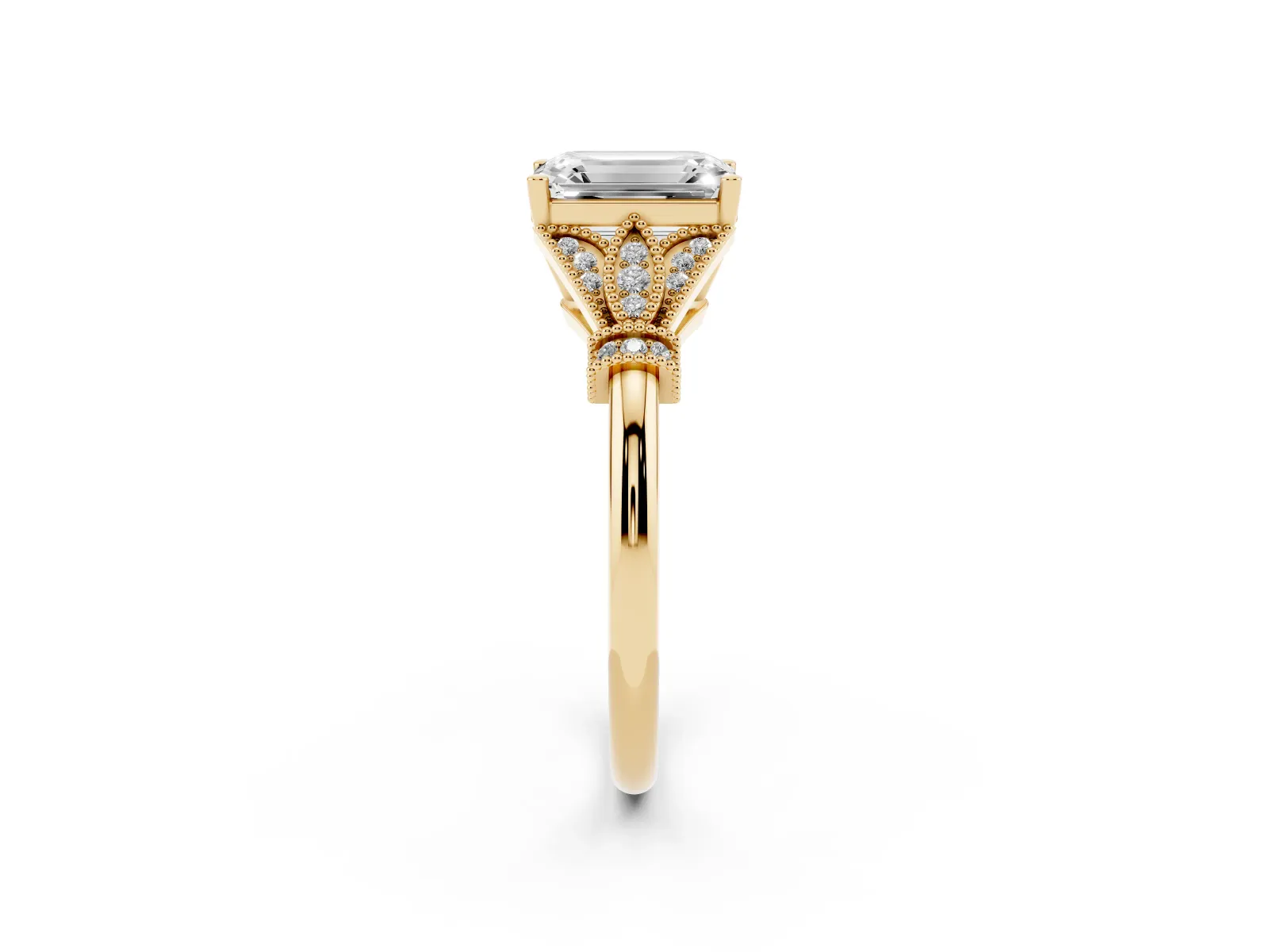 Emerald Cut Diamond Solitaire Ring with Floral Filigree and Pave Accents Yellow gold