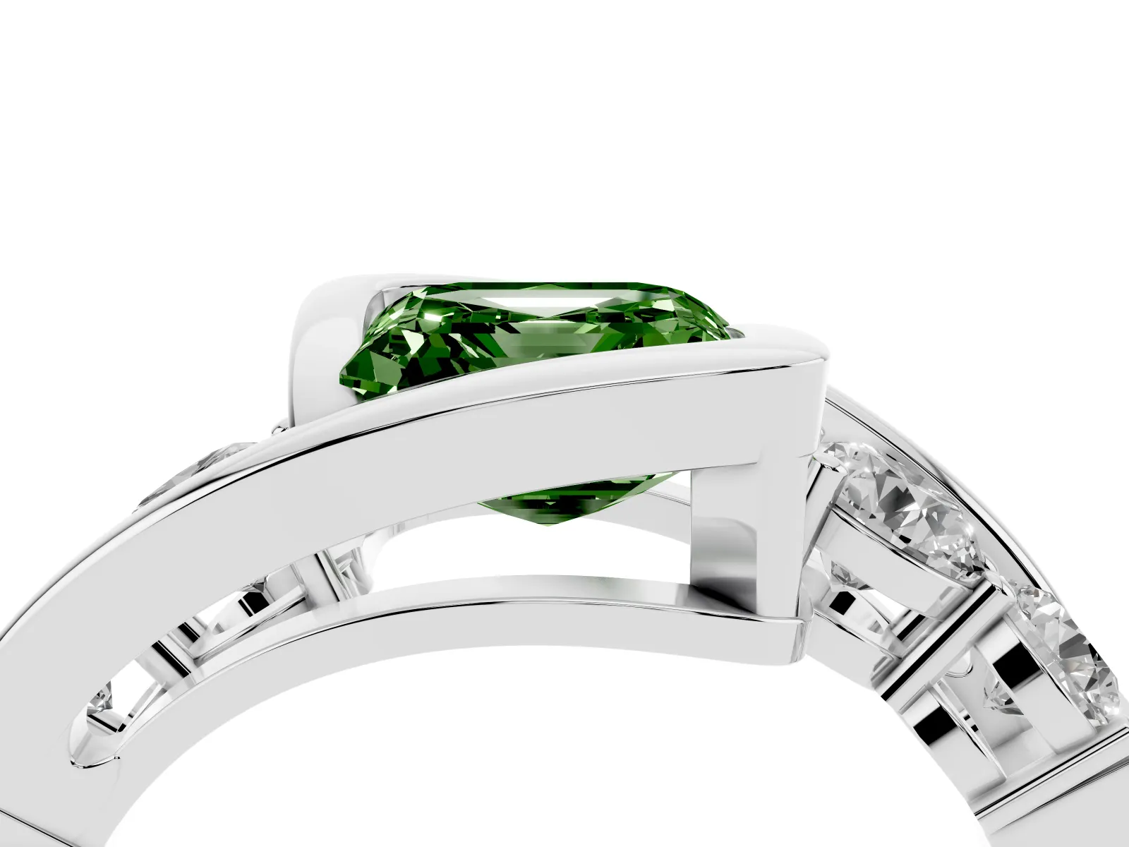 Fancy Green Bezel Set Asscher Cut Diamond Bypass Ring with Round Accents Platinum