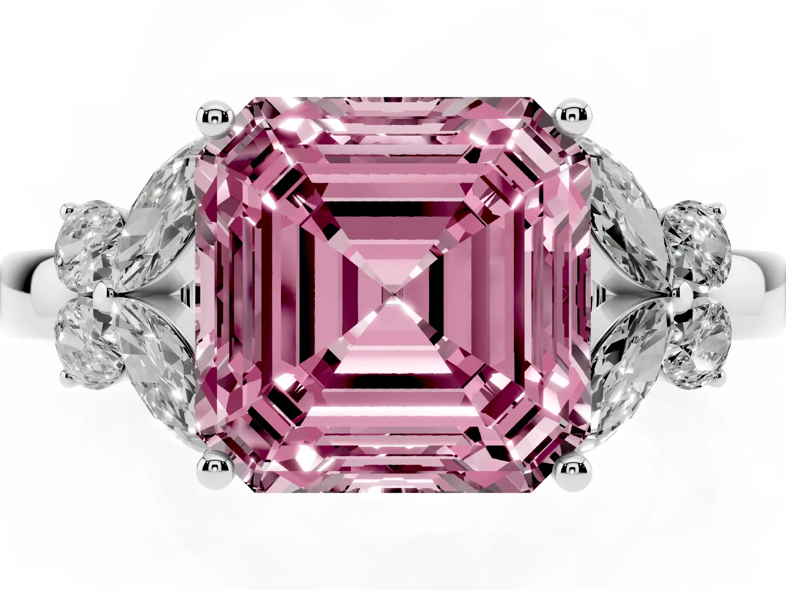 Fancy Pink Asscher Cut Cut Solitaire Floral Diamond Ring with Four-Prong Setting Platinum