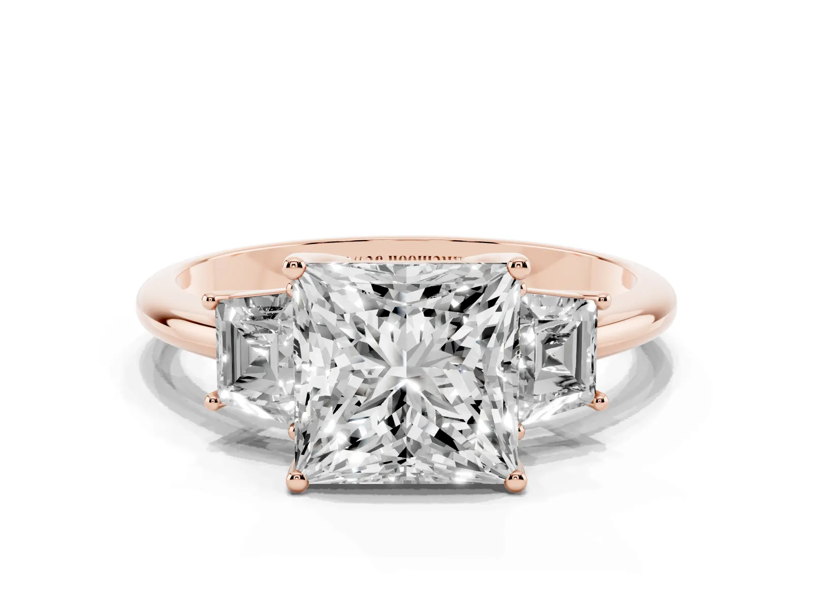 Princess Cut Diamond Three-Stone Ring with Trapezoid Side Stones and Prong Setting Rose gold