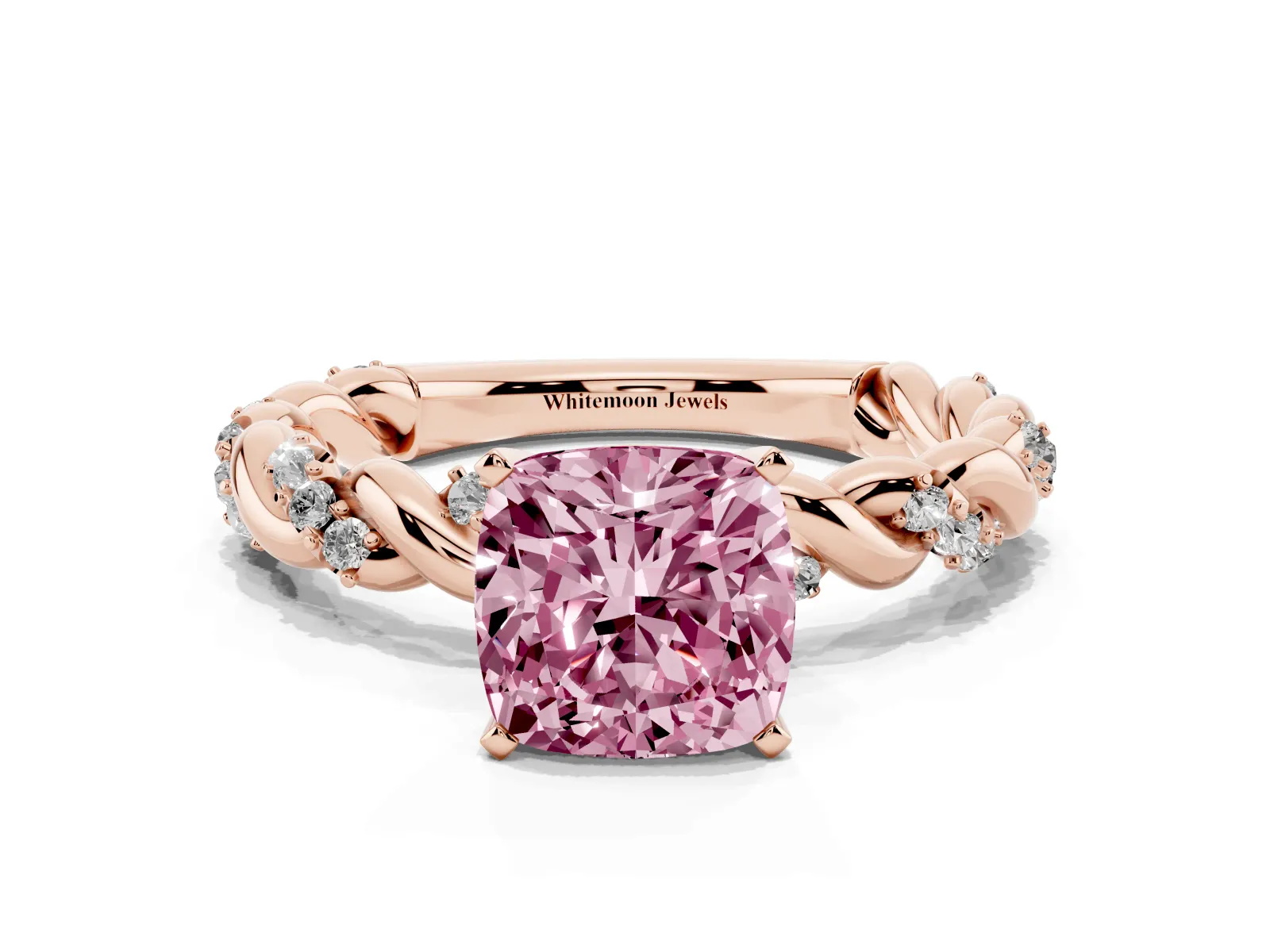 Fancy Pink Cushion Cut Diamond Solitaire Ring with Twisted Band and Pavé Accents Rose gold