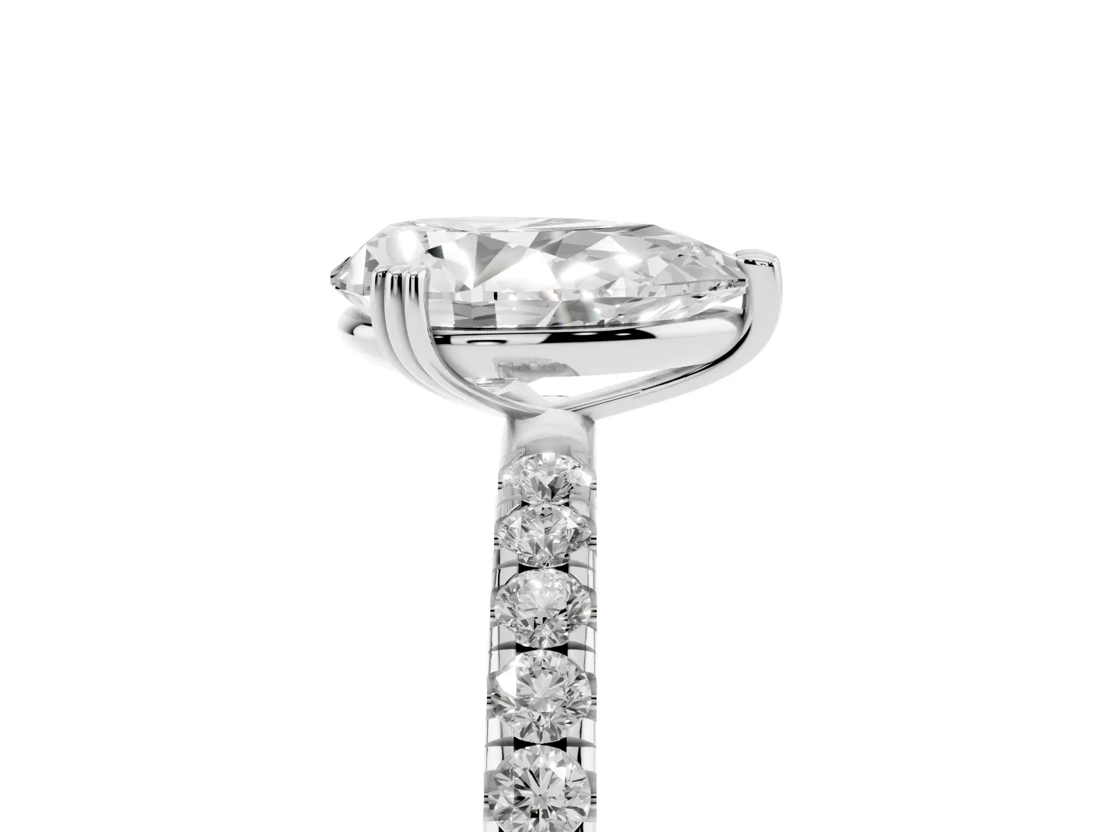 Pear Cut Brilliant Solitaire with Pavé Band and Claw Prong Setting Silver
