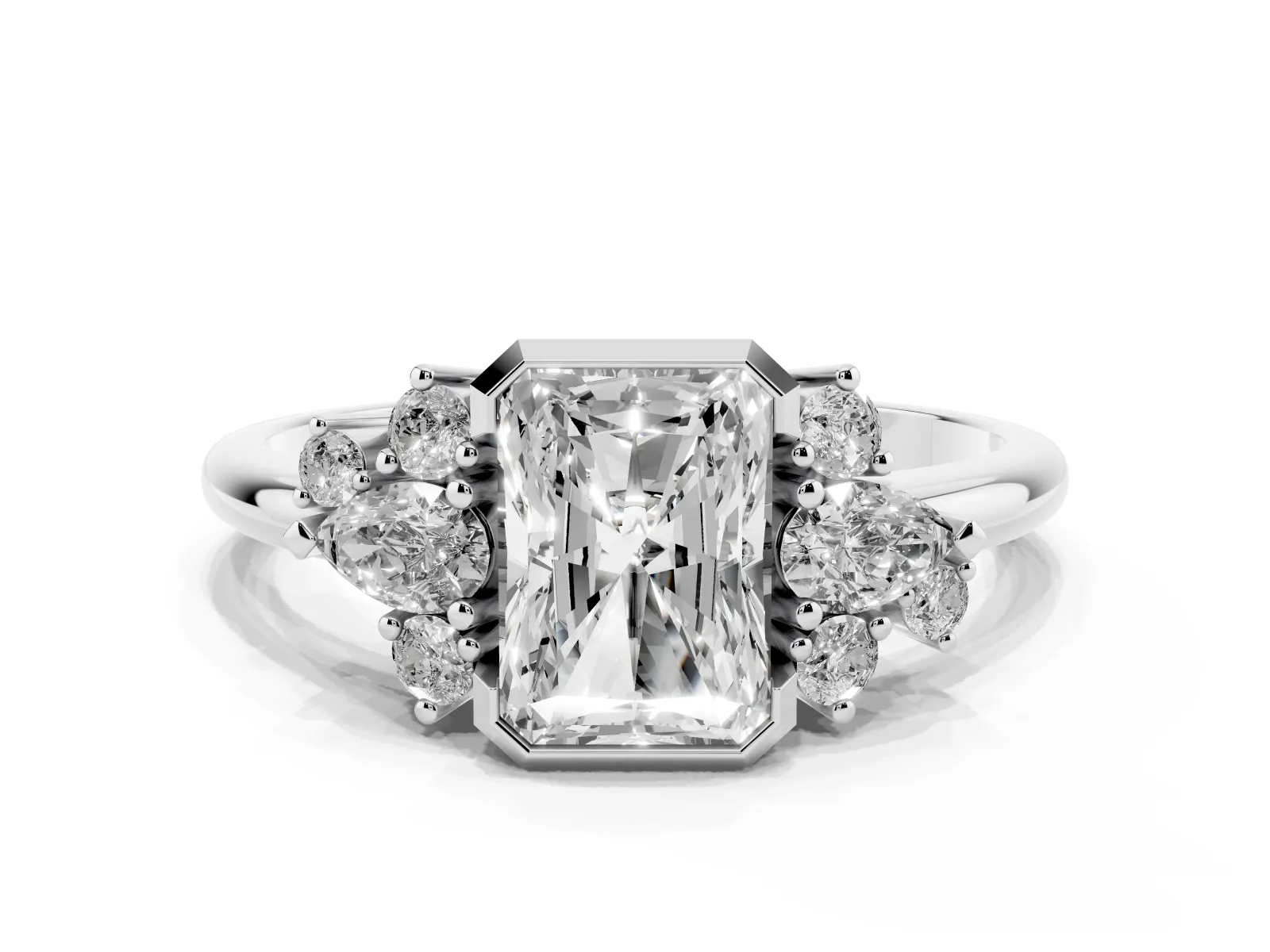 Radiant Diamond Engagement Ring with Pear and Round Side Stones Silver