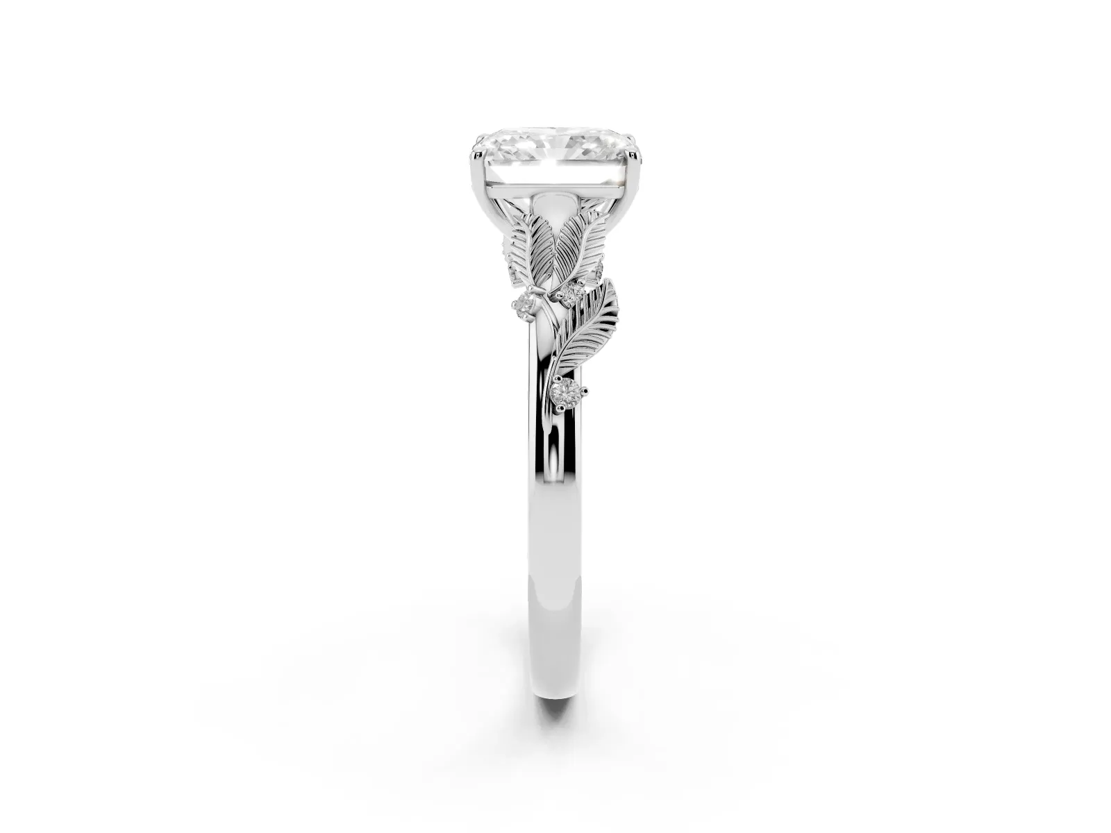 Radiant Cut Diamond Solitaire Ring with Leaf Motif Band and Four-Prong Setting Silver