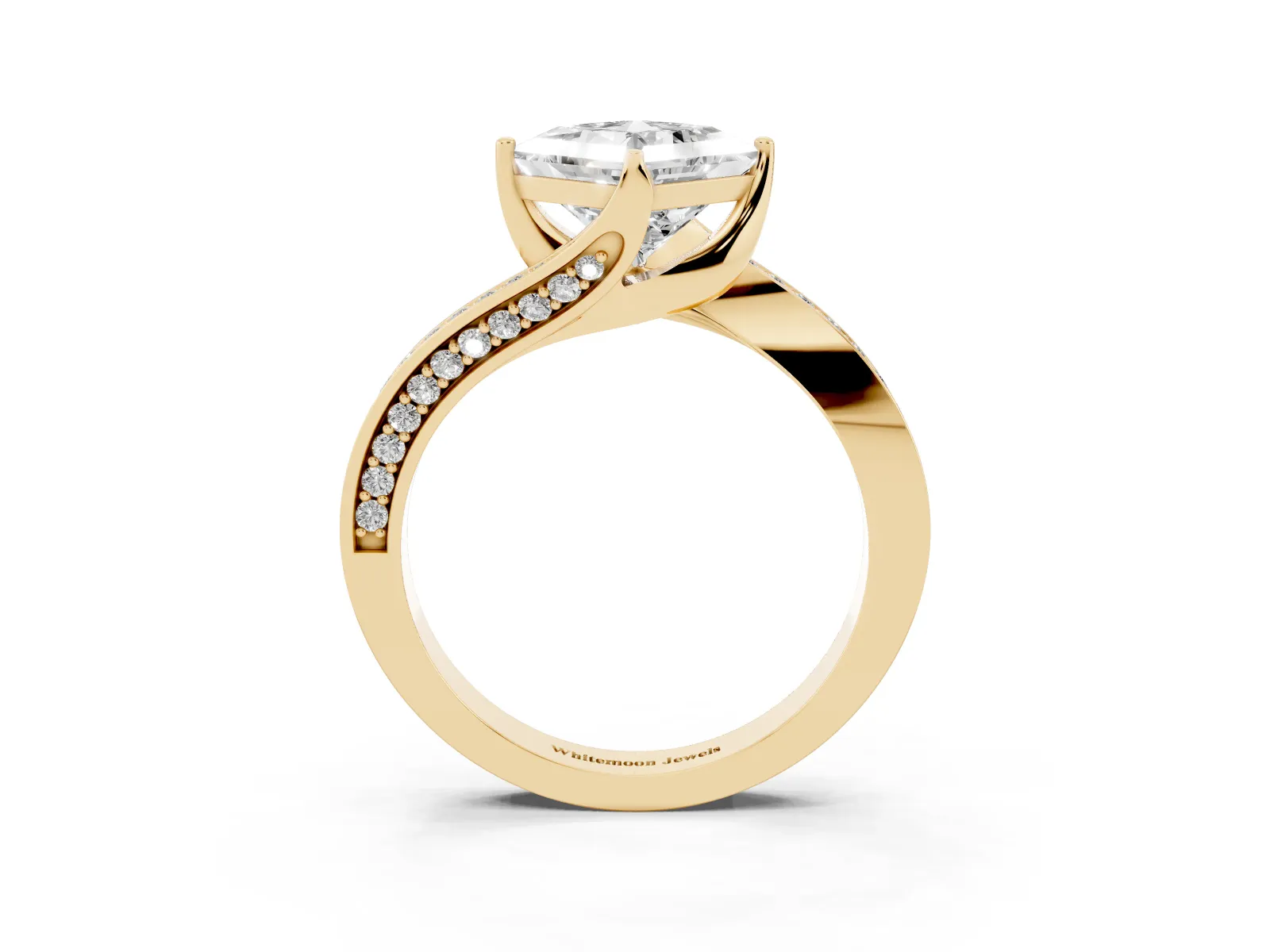 Princess Cut Solitaire Diamond Twist Band with Pavé Setting and Four-Prong Setting Yellow gold