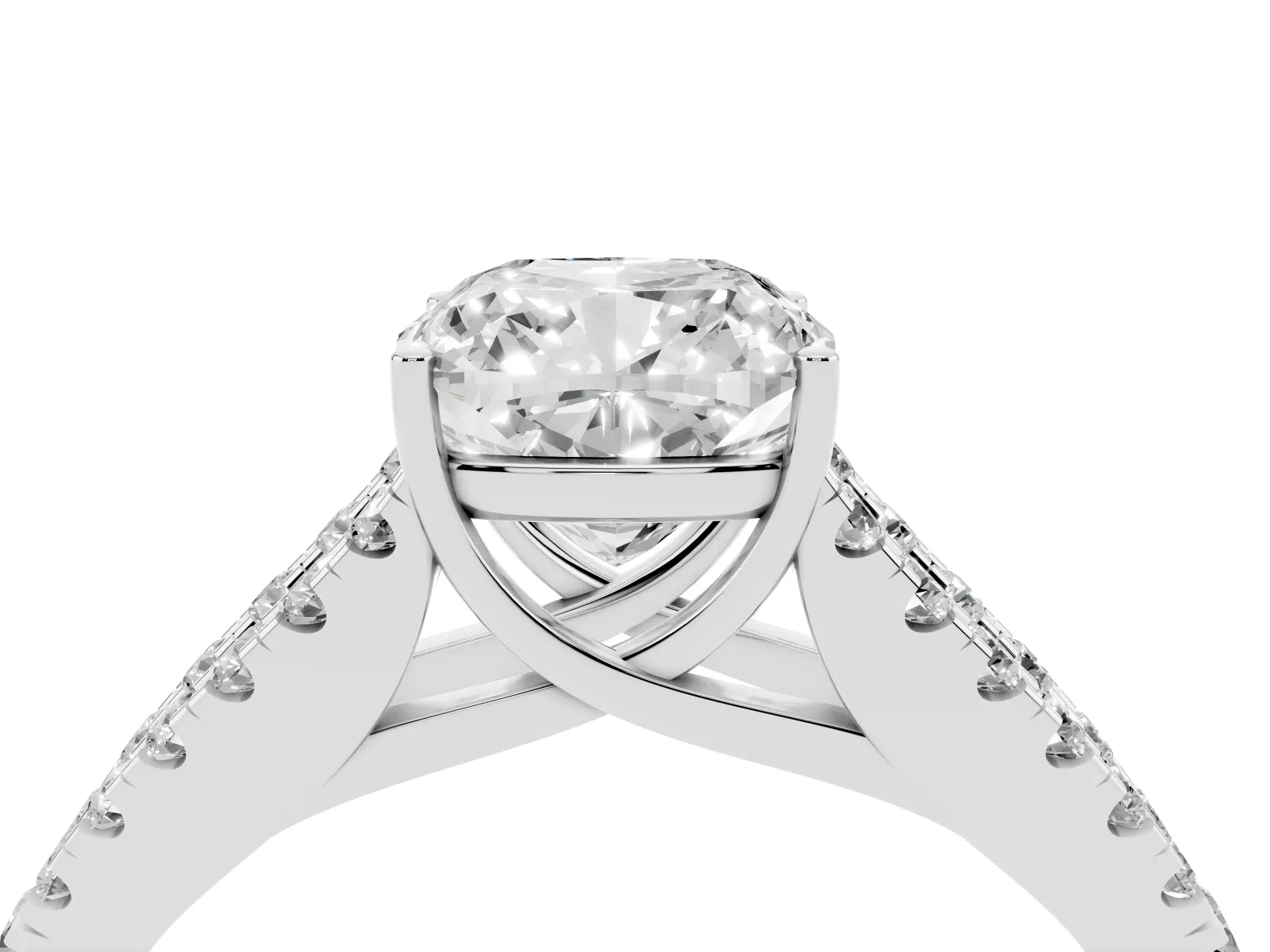 Cushion Cut Diamond Split Shank Engagement Ring with Round Pavé and Prong Setting White gold