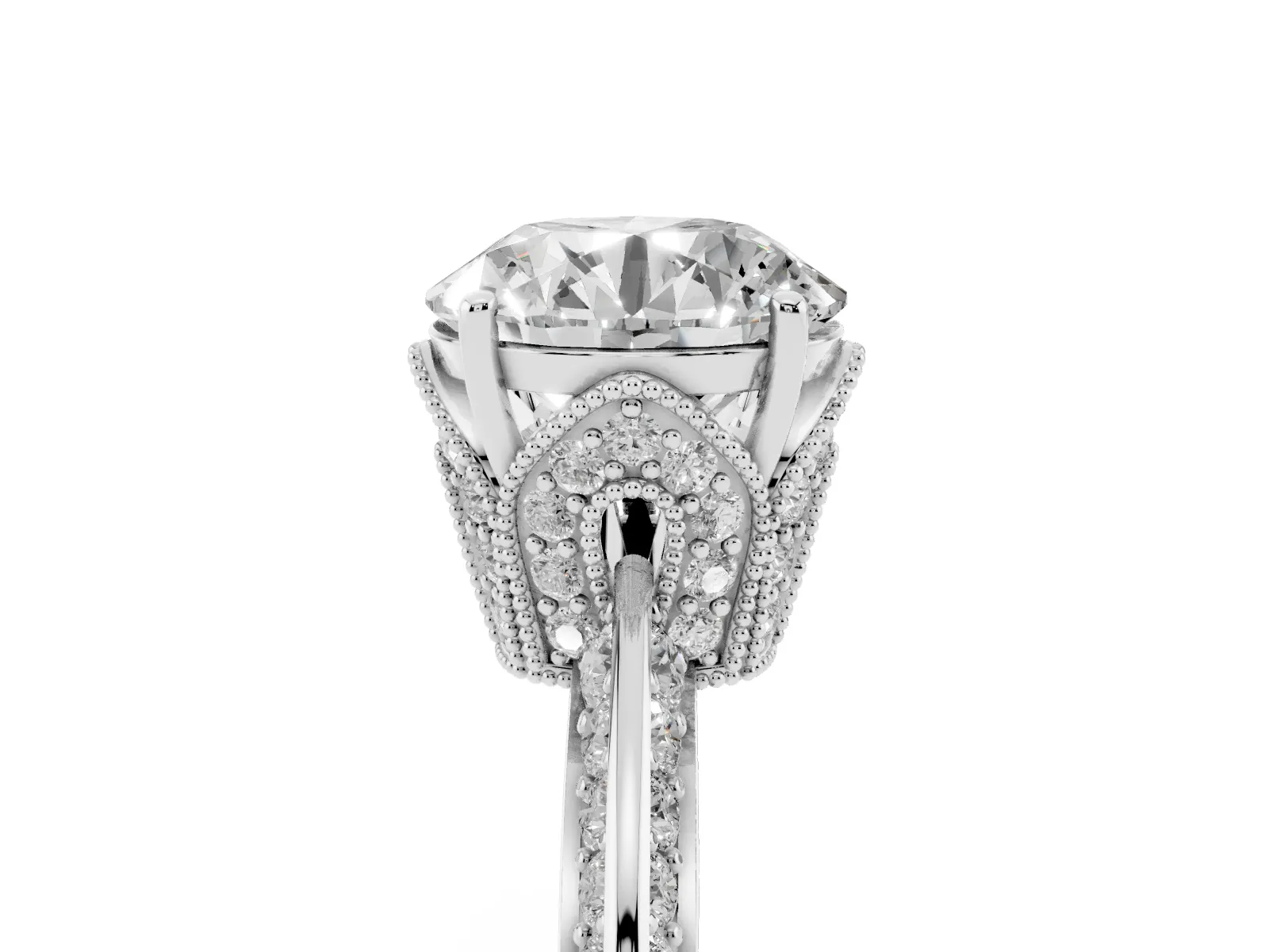 Round Cut Solitaire Split Shank Pave Diamond Engagement Ring with Four-Prong Setting Silver
