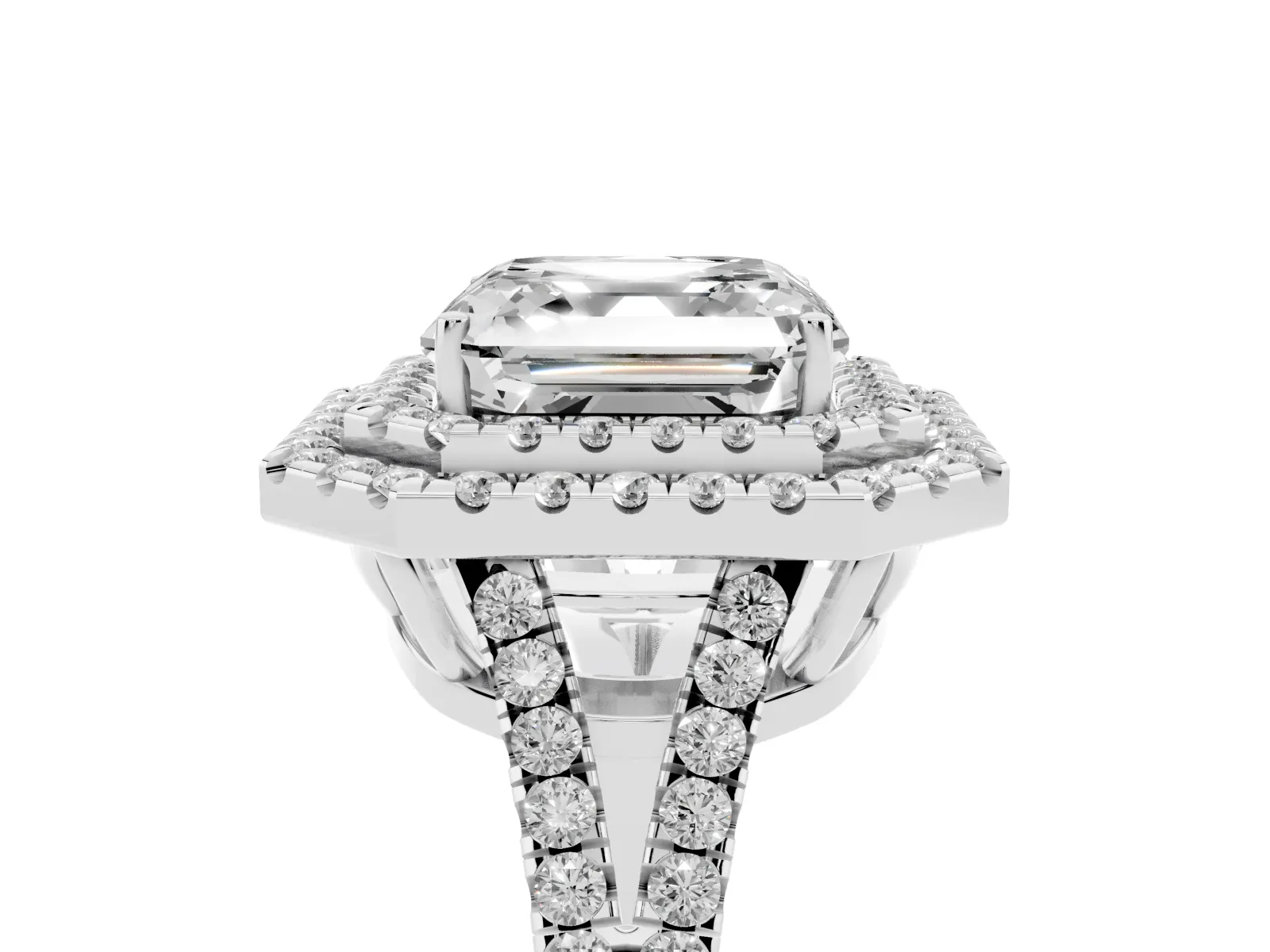 Asscher Cut Diamond Double Halo Ring with Pavé Band and Prong Setting Platinum