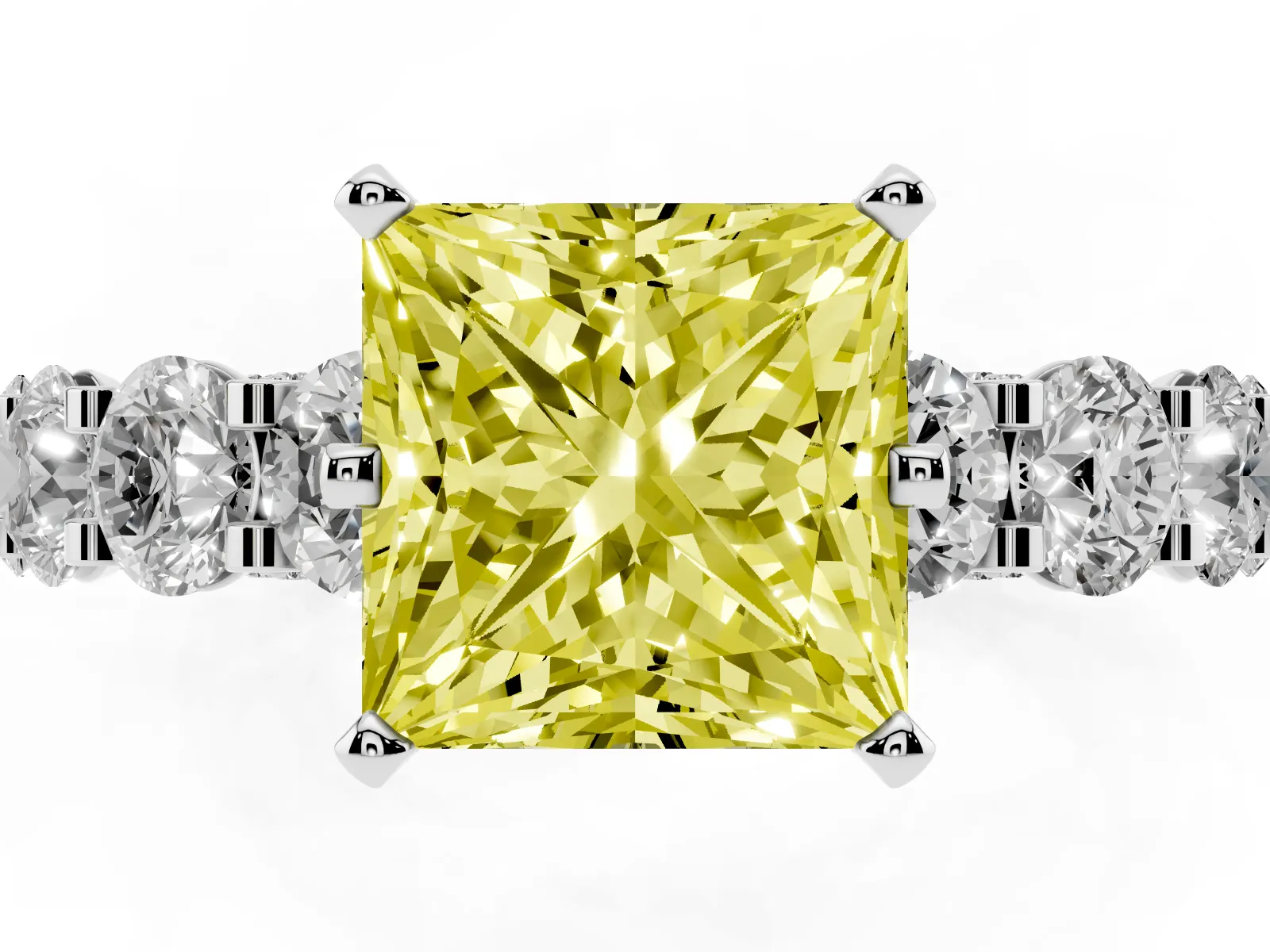 Fancy Yellow Princess Cut Diamond Side Stone Engagement Ring with Four-Prong Setting Platinum
