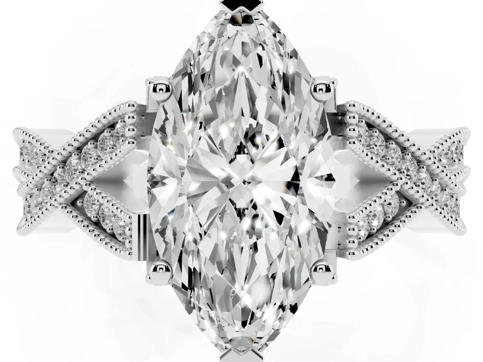 Marquise Cut Cut Diamond Twisted Band with Milgrain Pave Setting and Four-Prong Setting Platinum