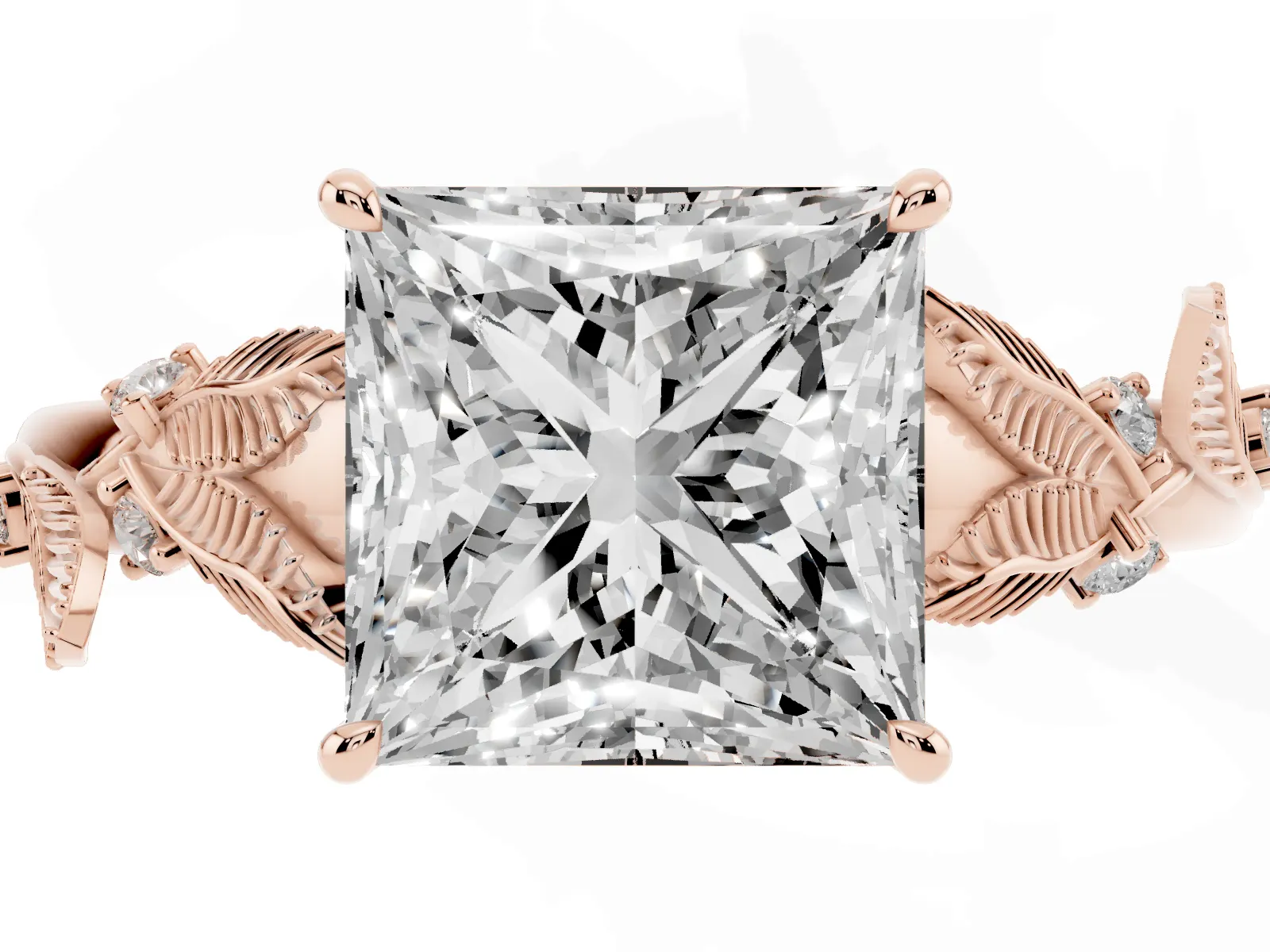 Princess Cut Diamond Solitaire Ring with Leaf Motif Band and Four-Prong Setting Rose gold