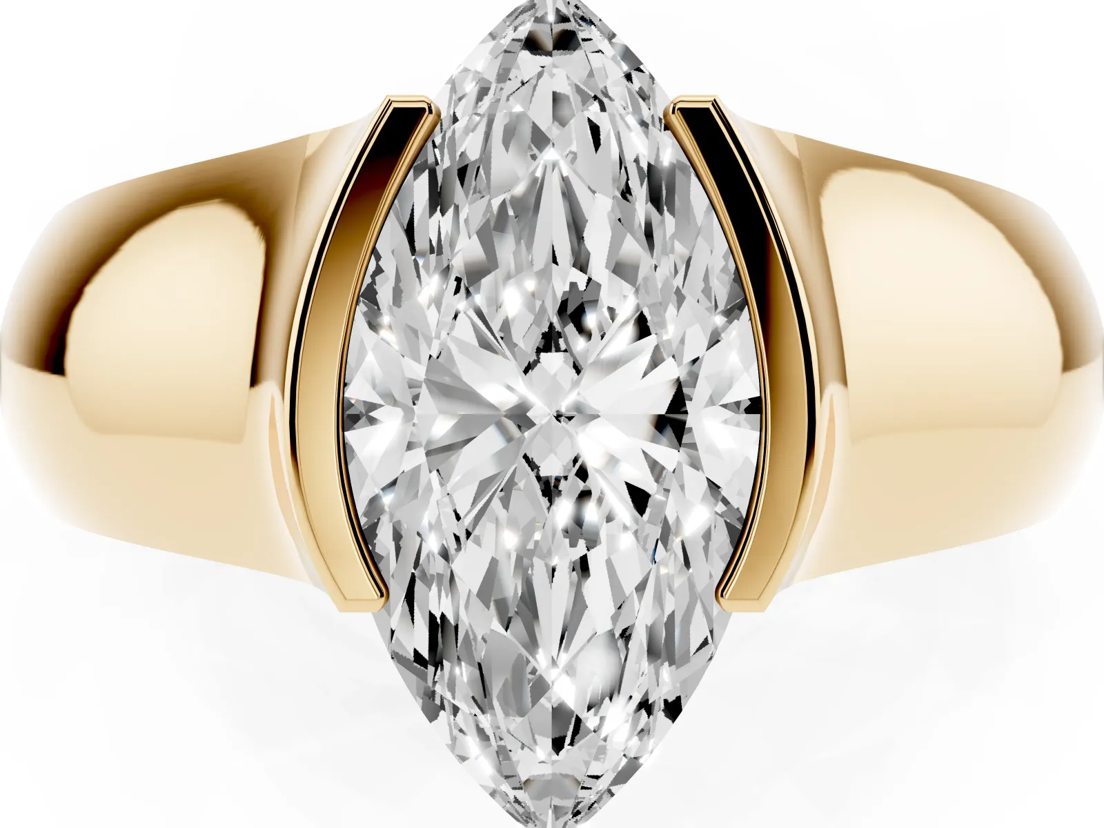 Marquise Cut Solitaire Bezel Set Diamond Ring with Wide Band Yellow gold