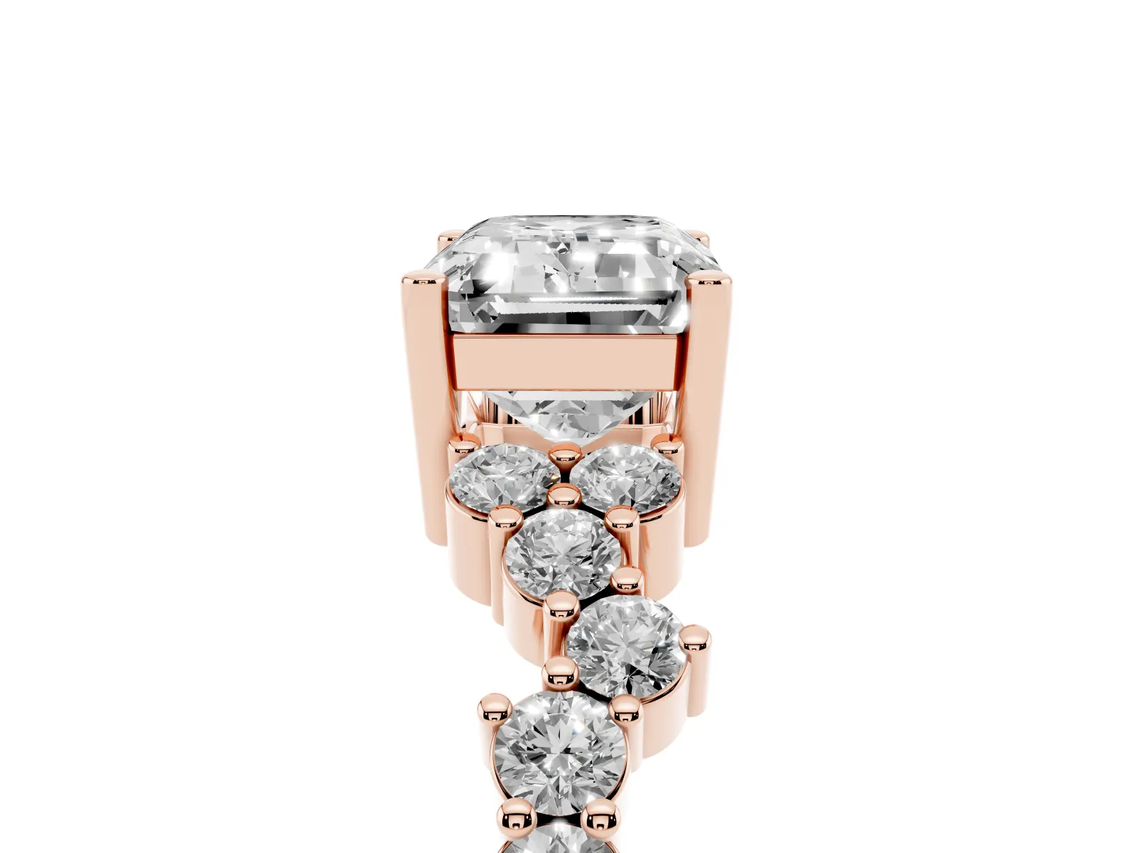 Emerald Cut Diamond Scattered Round Accent Ring with Prong Setting Rose gold